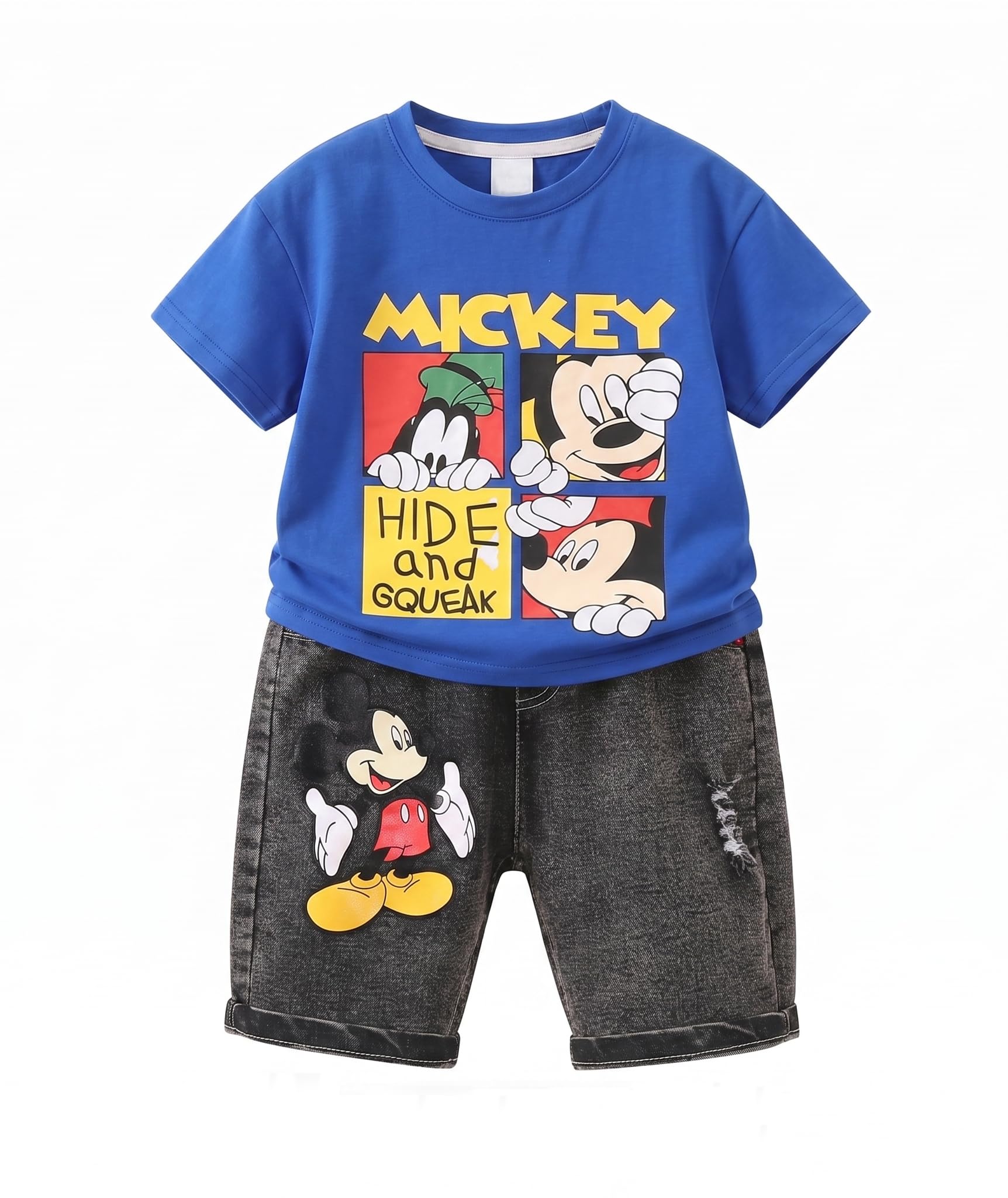 AMIONE Cotton Mickey Cartoon Design Short Sleeve Tshirt and Cropped Denim Jeans Capri Style Clothing Coord Set for Baby Boys & Girls