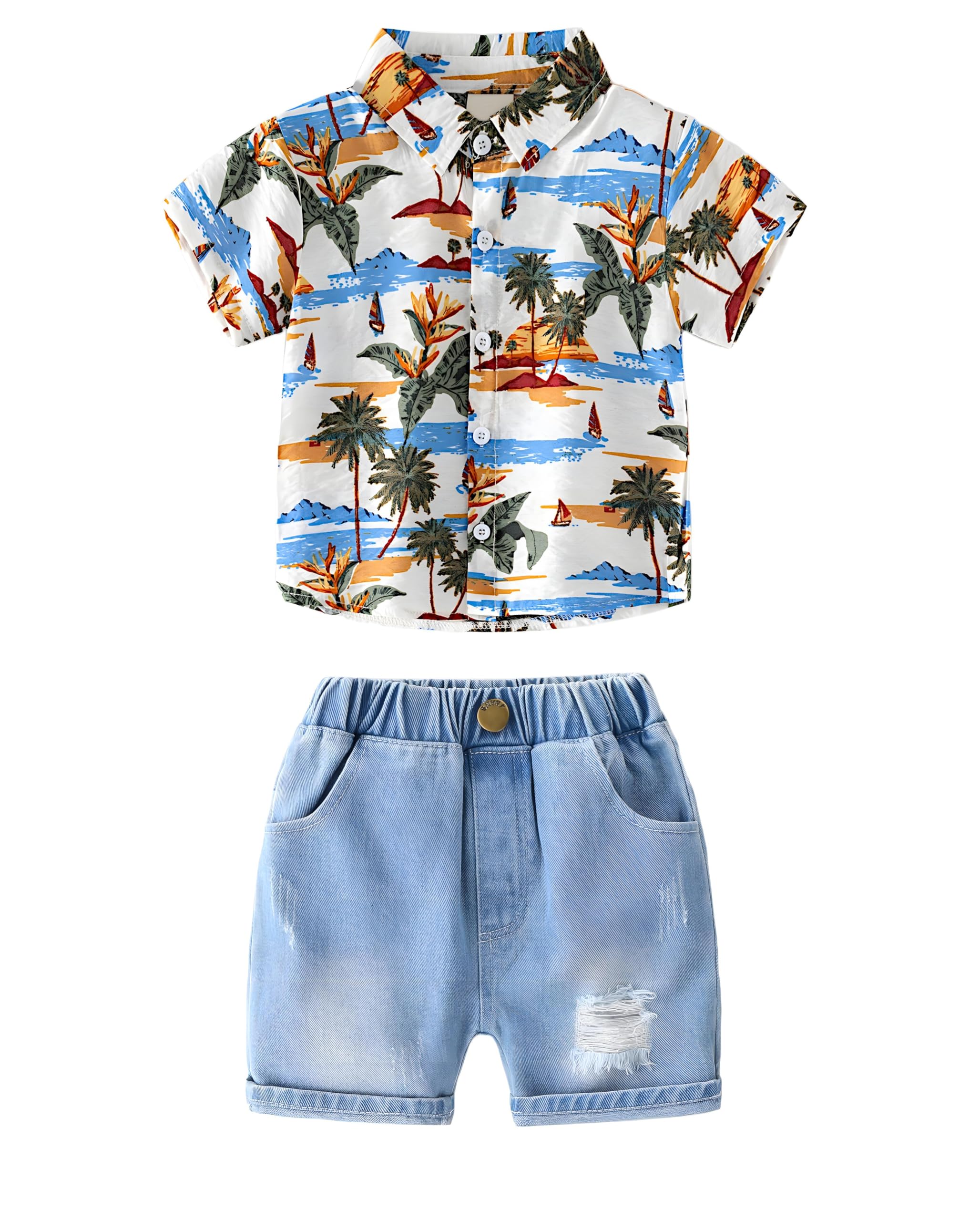 AMIONE 100% Cotton Stylish Hawaiian Beach Landscape Design Shirt & Denim Shorts for Baby Boys