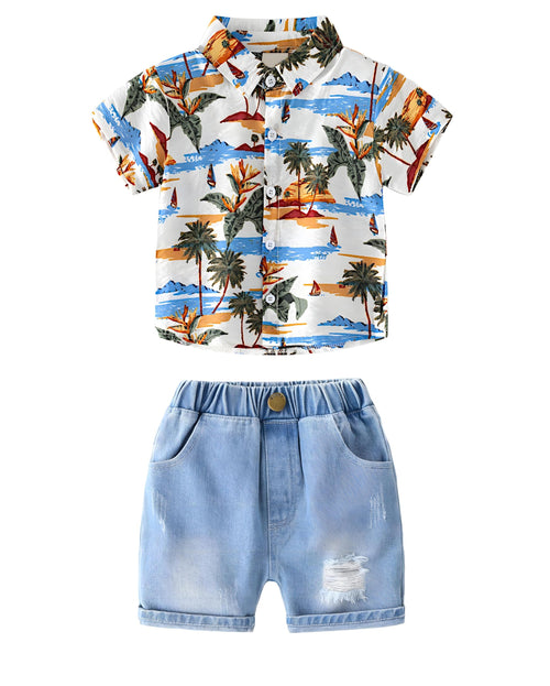 AMIONE 100% Cotton Stylish Hawaiian Beach Landscape Design Shirt & Denim Shorts for Baby Boys