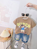 AMIONE Cotton Super Bear Design Short Sleeve Tshirt and Denim Shorts Clothing Coord Set for Baby Boys & Girls