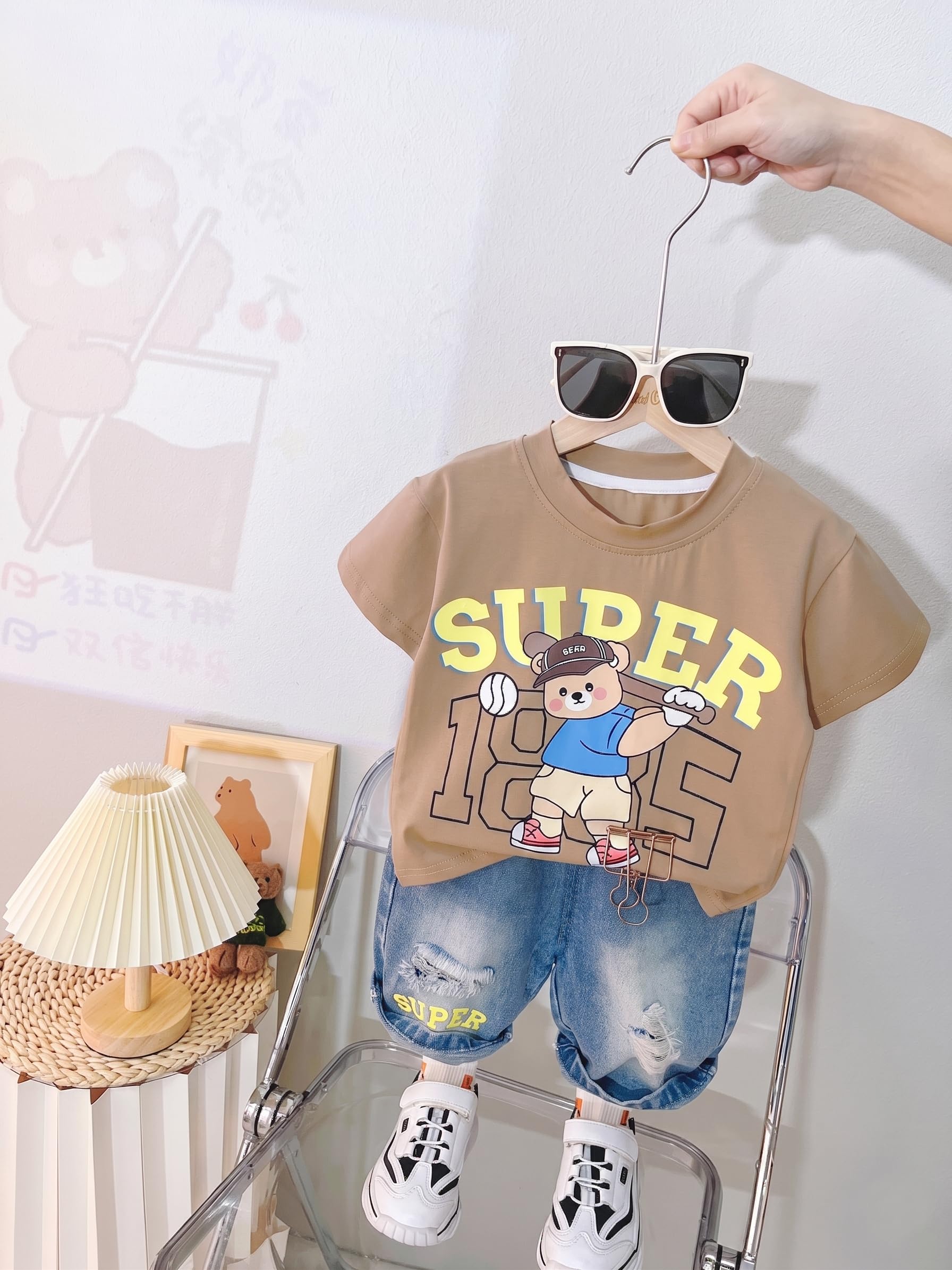 AMIONE Cotton Super Bear Design Short Sleeve Tshirt and Denim Shorts Clothing Coord Set for Baby Boys & Girls