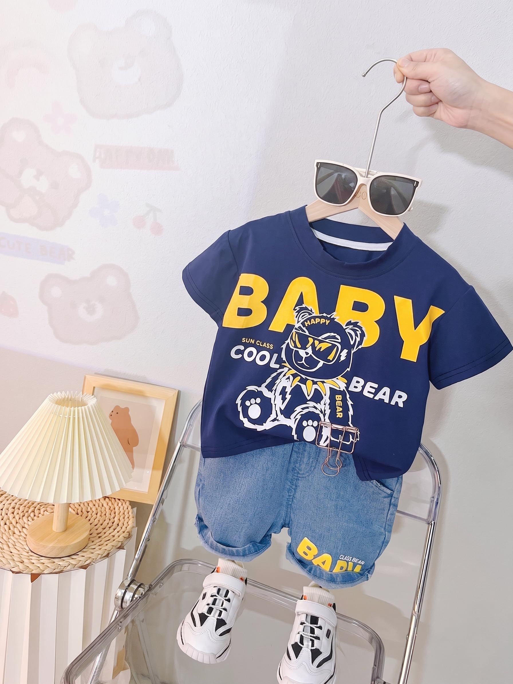 AMIONE Cotton Cool Bear Design Short Sleeve Tshirt and Denim Shorts Clothing Coord Set for Baby Boys & Girls