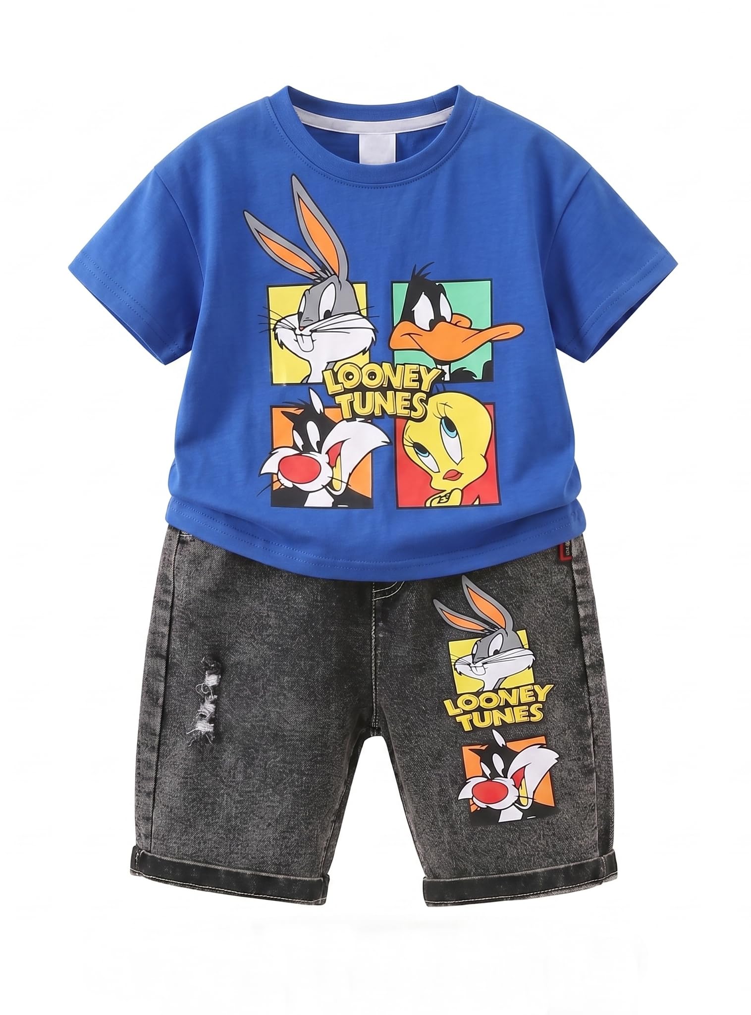 AMIONE Cotton Bunny Looney Cartoon Bugs Tunes Design Short Sleeve Tshirt and Cropped Denim Jeans Capri Style Clothing Coord Set for Baby Boys & Girls
