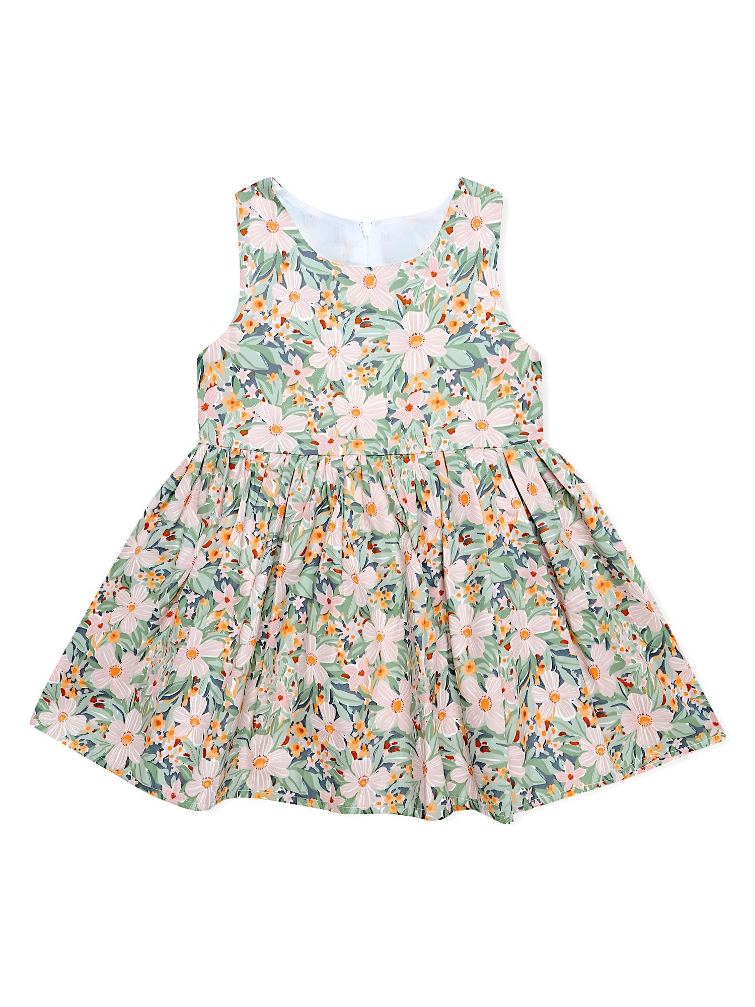 AMIONE Cotton Elegant Fancy Yellow Flowers Green Printed Design Summer Party Dress Frock for Baby Girls