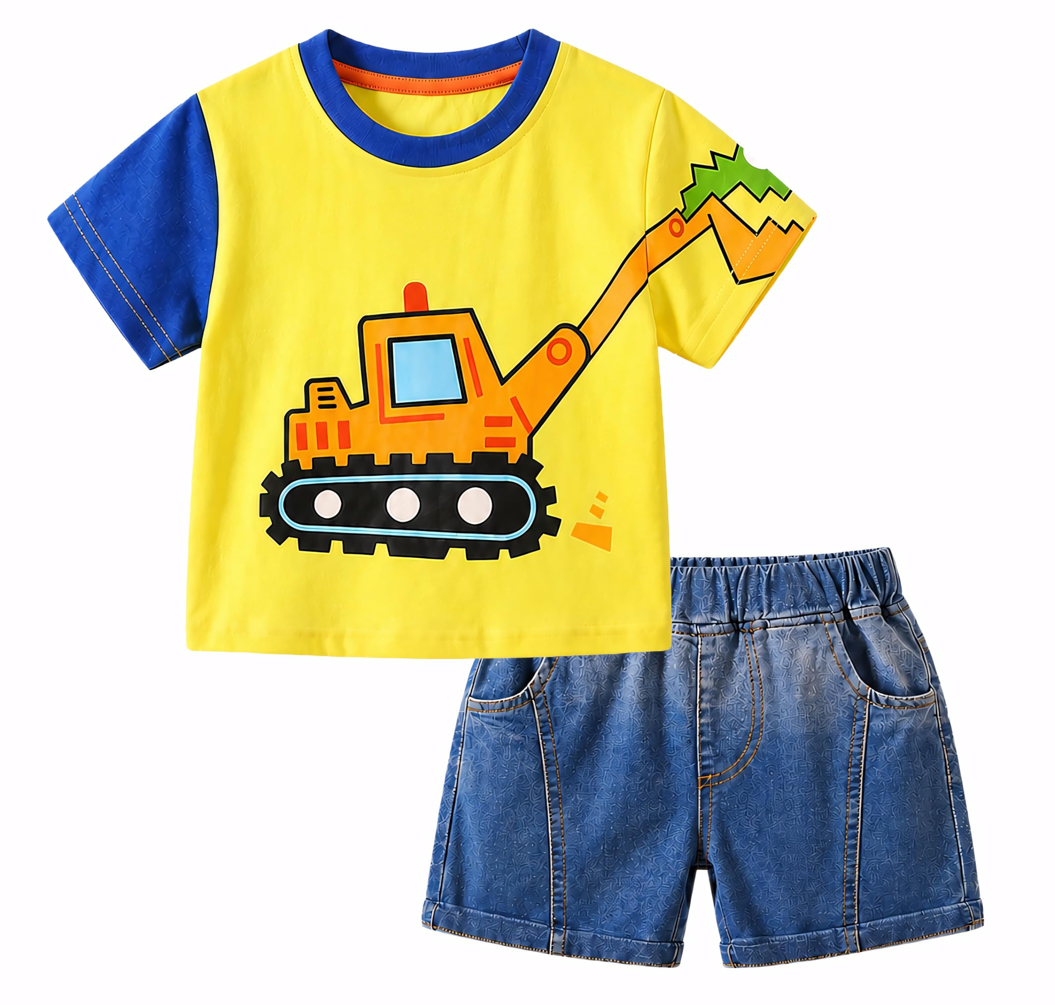 AMIONE Cotton Excavator Design Short Sleeve Tshirt and Shorts Clothing Coord Set for Baby Boys & Girls