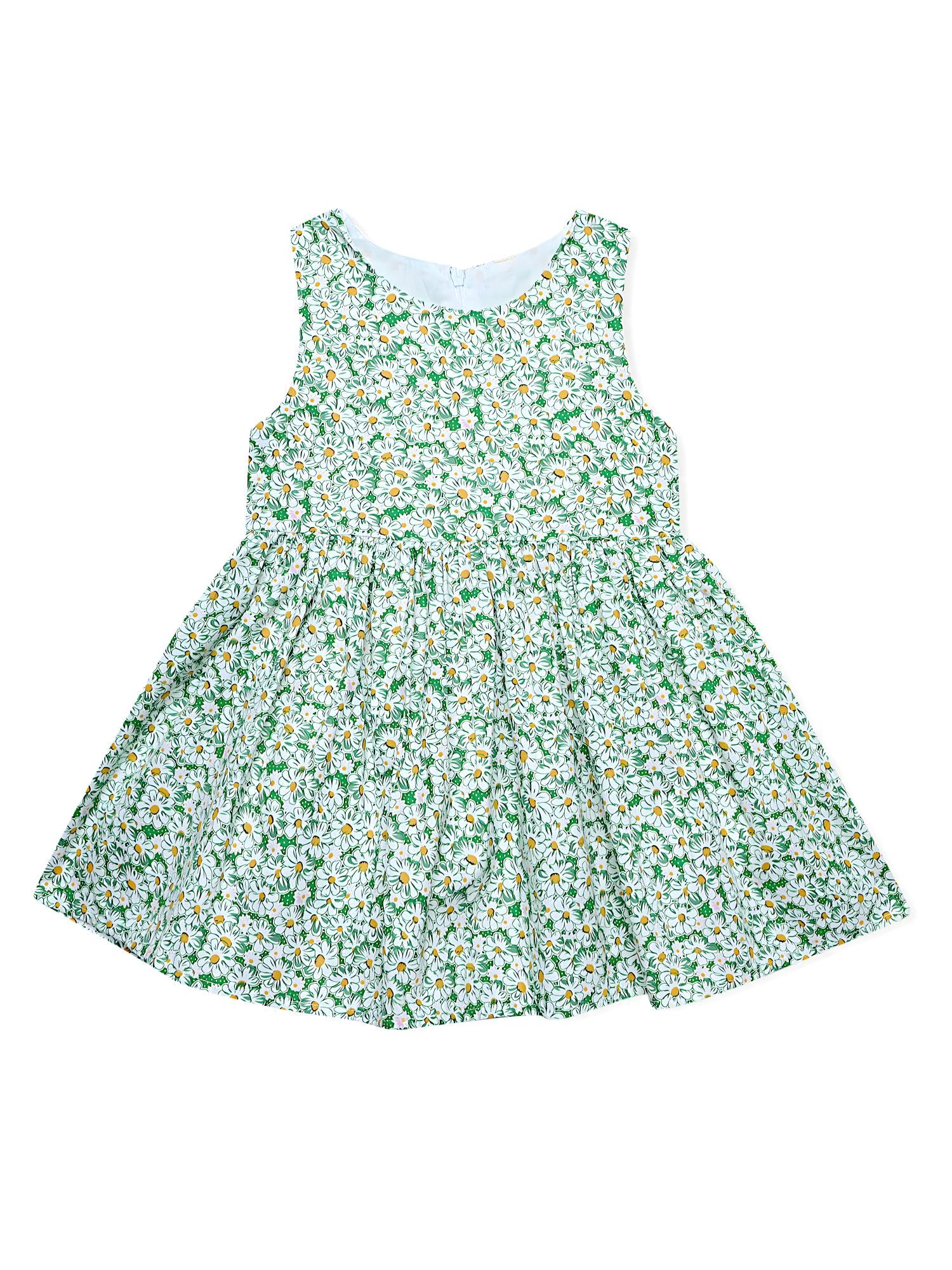 AMIONE Cotton Elegant Fancy White Flowers Green Printed Design Summer Party Dress Frock for Baby Girls