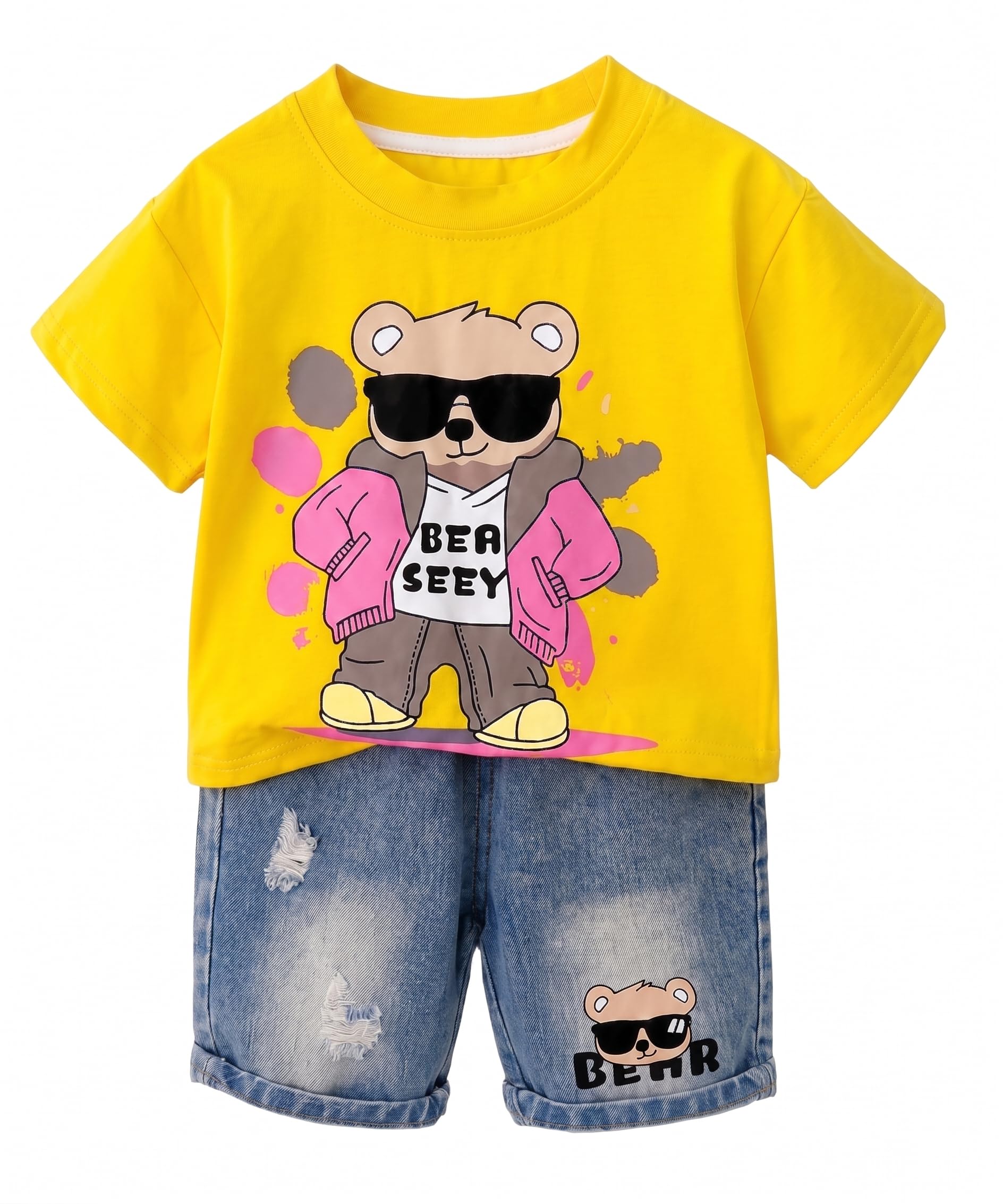 AMIONE Cotton Stylish Bear Design Short Sleeve Tshirt and Denim Shorts Clothing Coord Set for Baby Boys & Girls