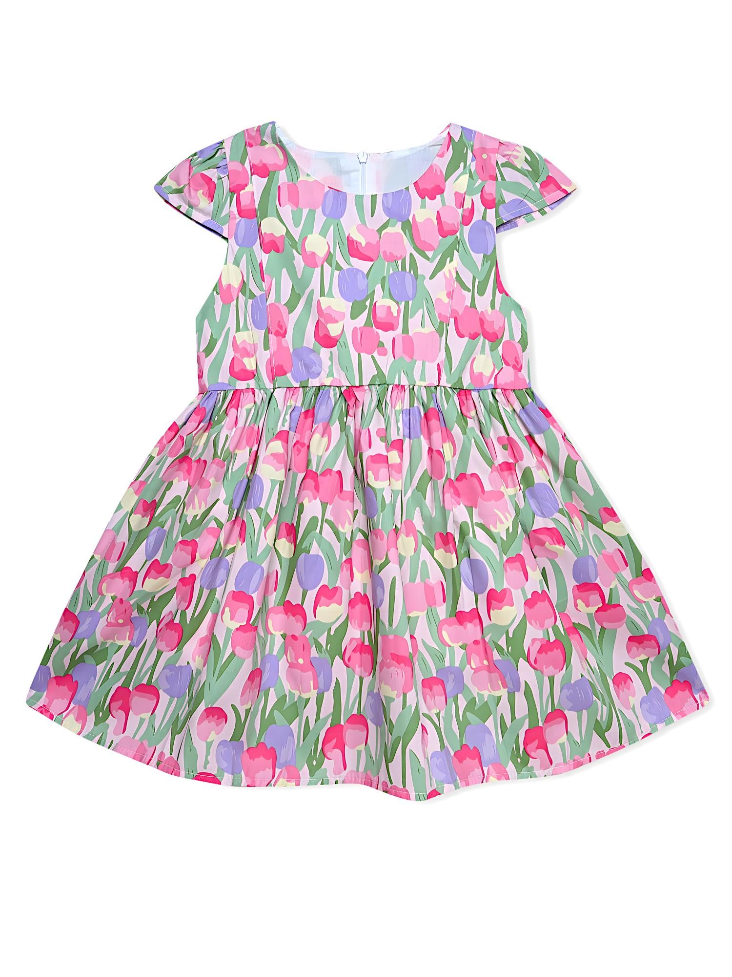 AMIONE Cotton Elegant Fancy Big Tulip Flowers Printed Design Summer Party Dress Frock for Baby Girls
