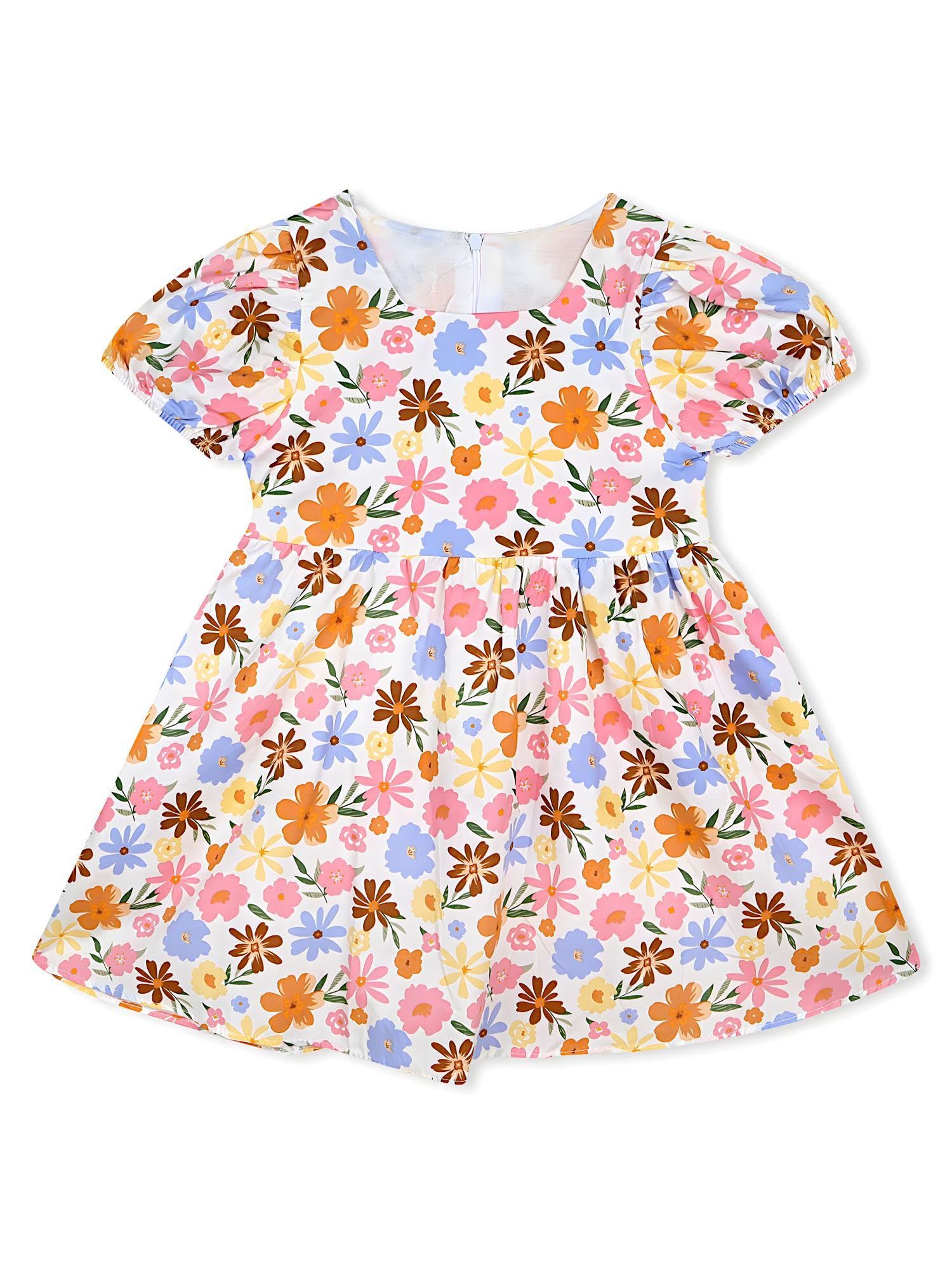 AMIONE Cotton Elegant Fancy Pink Flowers on White Printed Design Summer Party Dress Frock for Baby Girls