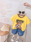 AMIONE Cotton Bless Bear Design Short Sleeve Tshirt and Denim Shorts Clothing Coord Set for Baby Boys & Girls
