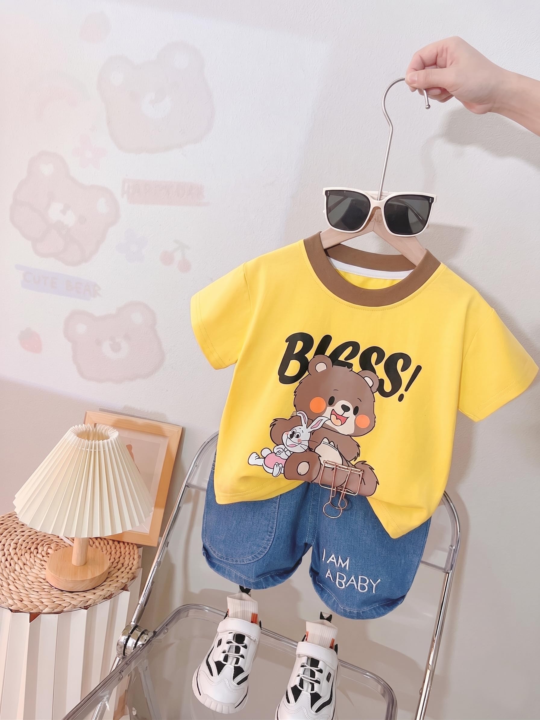 AMIONE Cotton Bless Bear Design Short Sleeve Tshirt and Denim Shorts Clothing Coord Set for Baby Boys & Girls