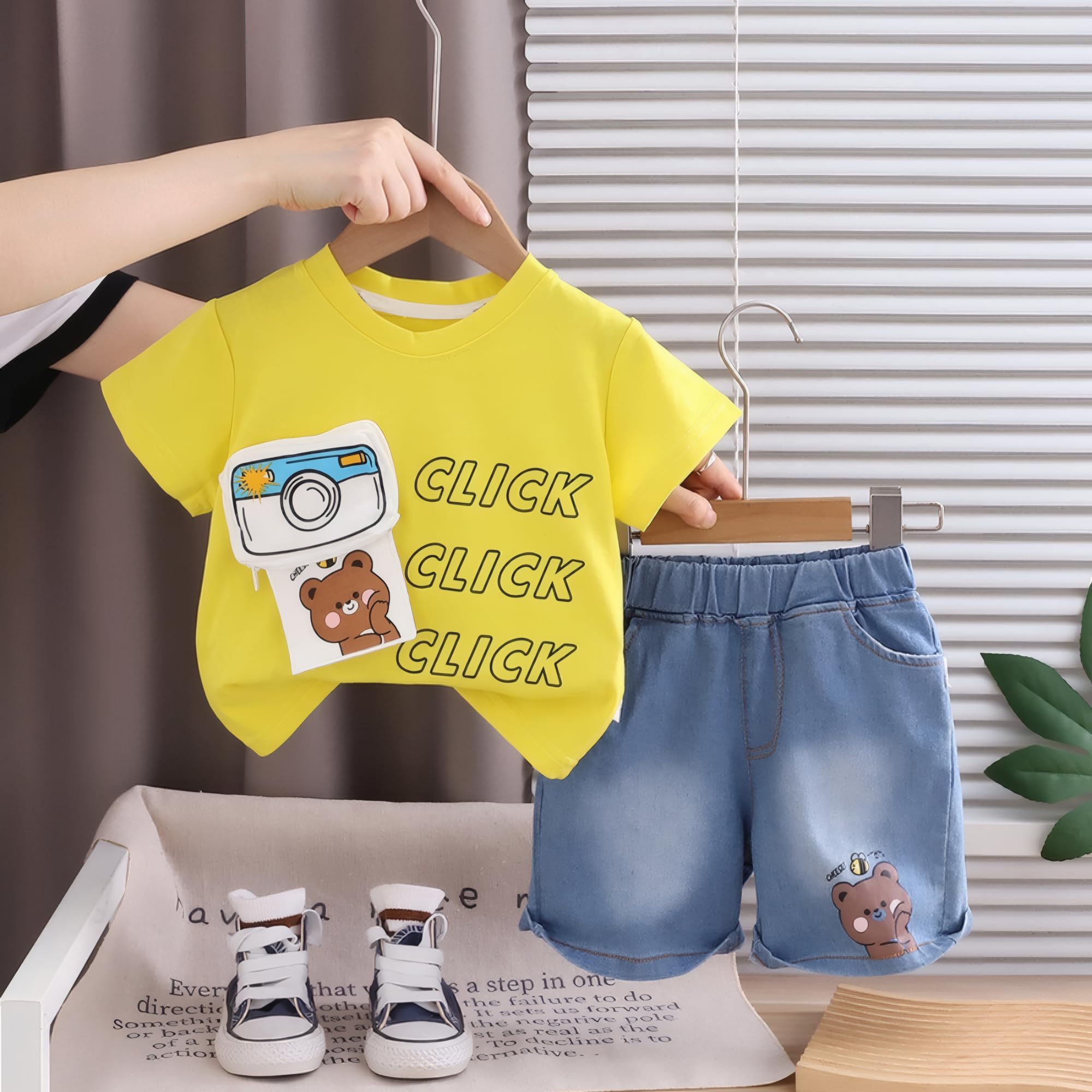 AMIONE Cotton Bear Camera Yellow Photo Click Design Short Sleeve Tshirt and Shorts Clothing Coord Set for Baby Boys & Girls