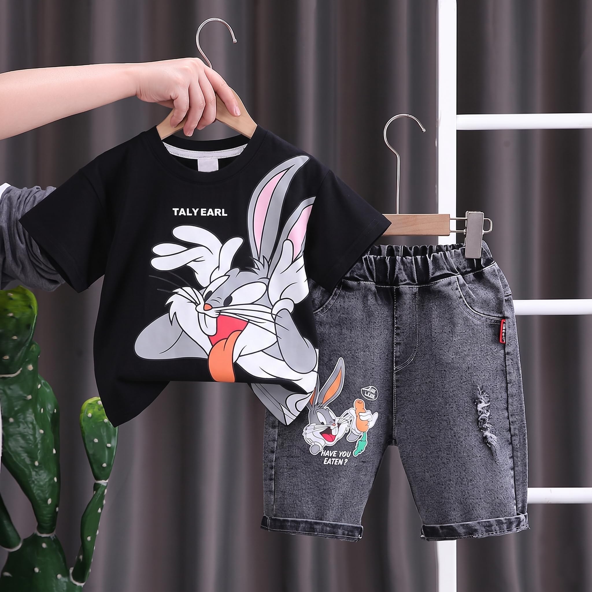 AMIONE Cotton Bugs Cartoon Bunny Design Short Sleeve Tshirt and Cropped Denim Jeans Capri Style Clothing Coord Set for Baby Boys & Girls