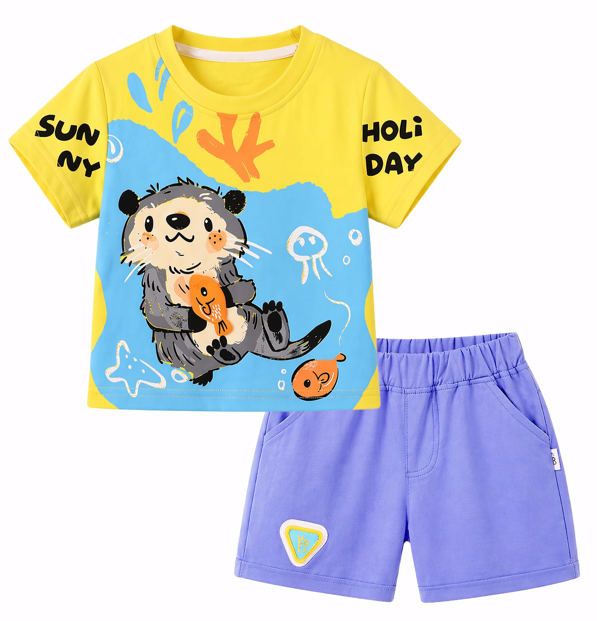 AMIONE Cotton Aquarium Cartoon Sunny Holi Day Design Short Sleeve Tshirt and Shorts Clothing Coord Set for Baby Boys & Girls