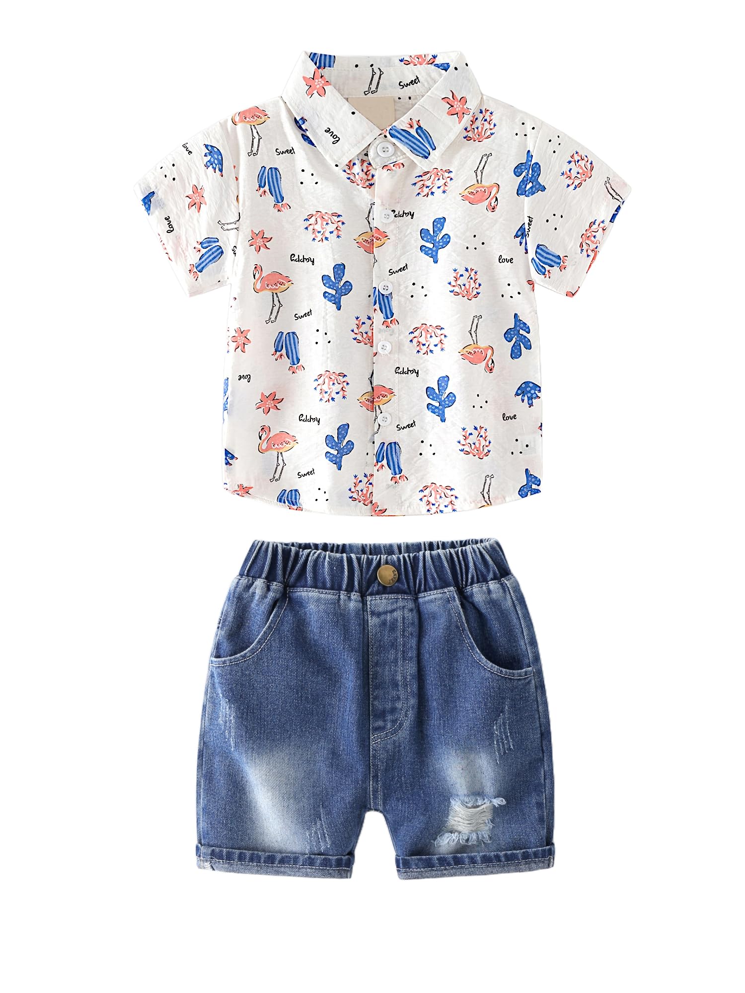 AMIONE 100% Cotton Stylish Hawaiian Beach Ostrich Cactus Design Shirt & Denim Shorts for Baby Boys