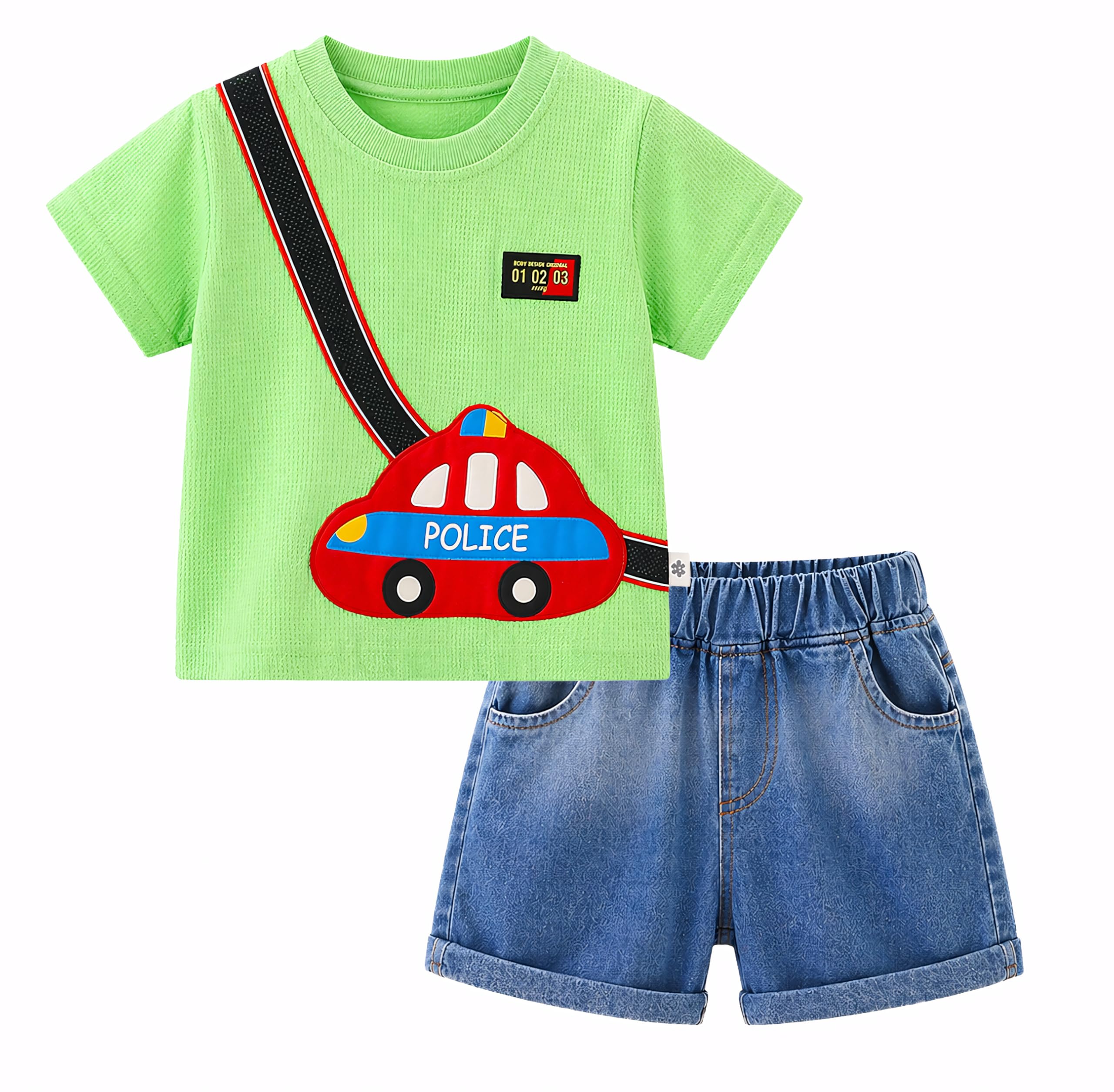AMIONE Cotton Blend Pocket Police Car Design Short Sleeve Tshirt and Shorts Clothing Coord Set for Baby Boys & Girls