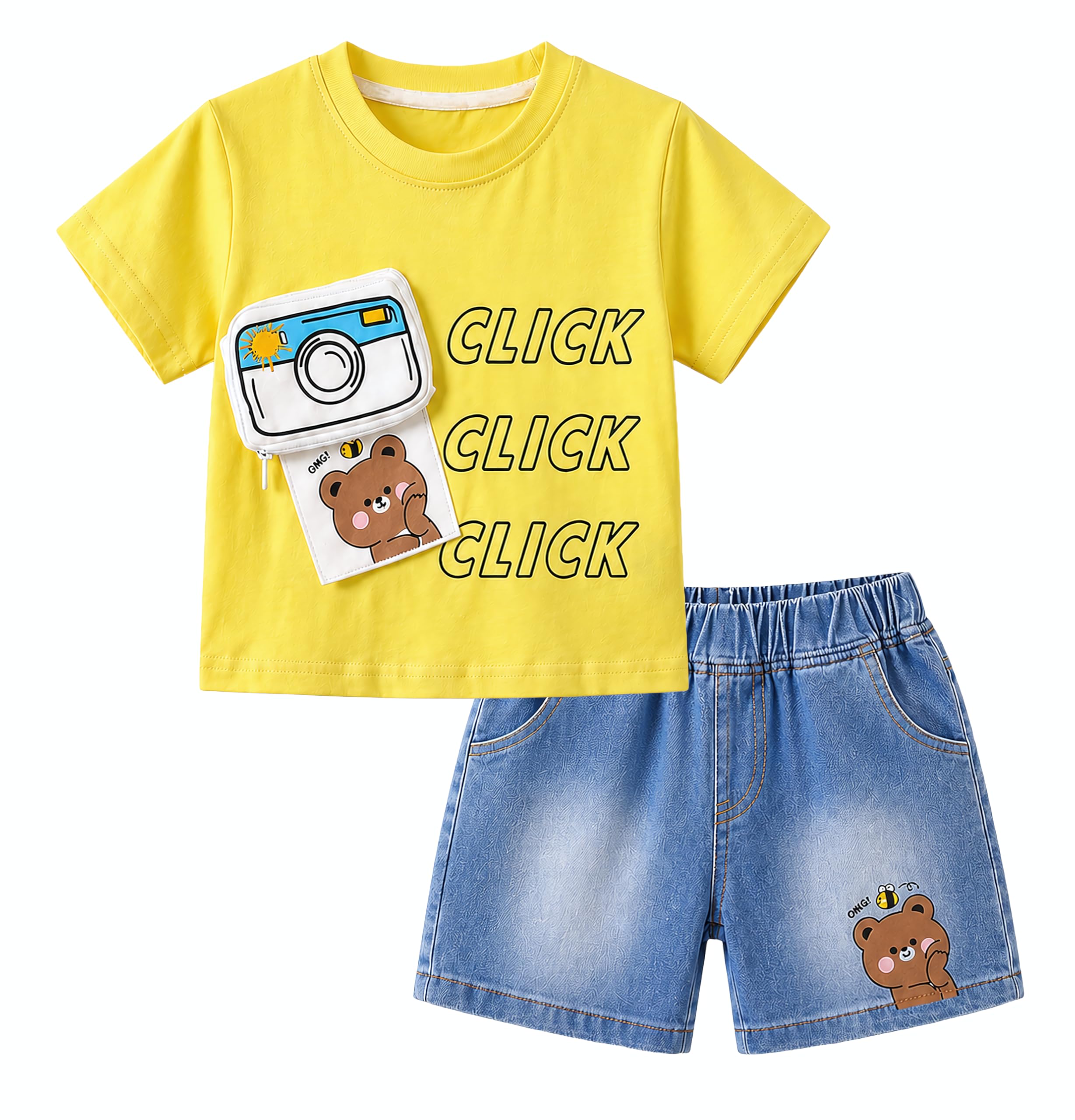 AMIONE Cotton Bear Camera Yellow Photo Click Design Short Sleeve Tshirt and Shorts Clothing Coord Set for Baby Boys & Girls