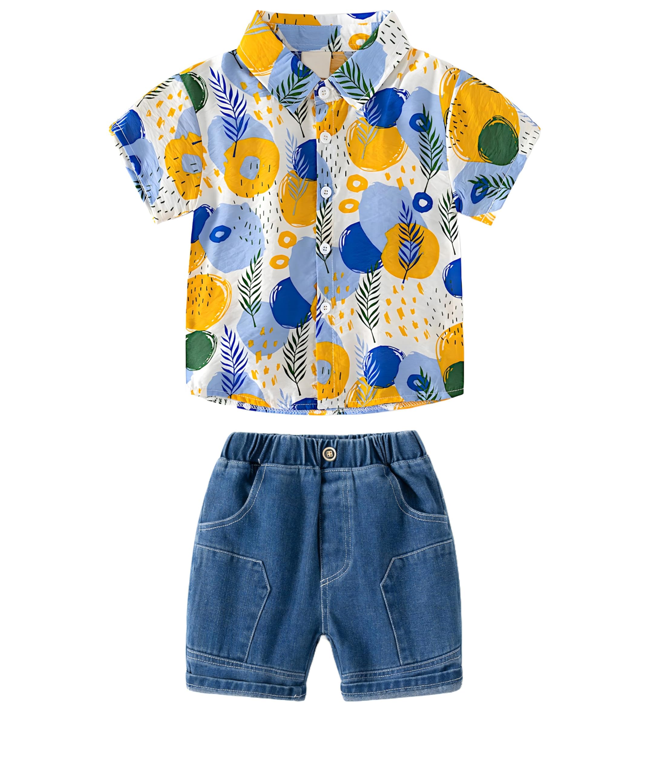 AMIONE 100% Cotton Stylish Hawaiian Beach Blue Yellow Circle Design Shirt & Denim Shorts for Baby Boys