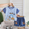 AMIONE Cotton Excavator Blue Little Builder Design Short Sleeve Tshirt and Shorts Clothing Coord Set for Baby Boys & Girls