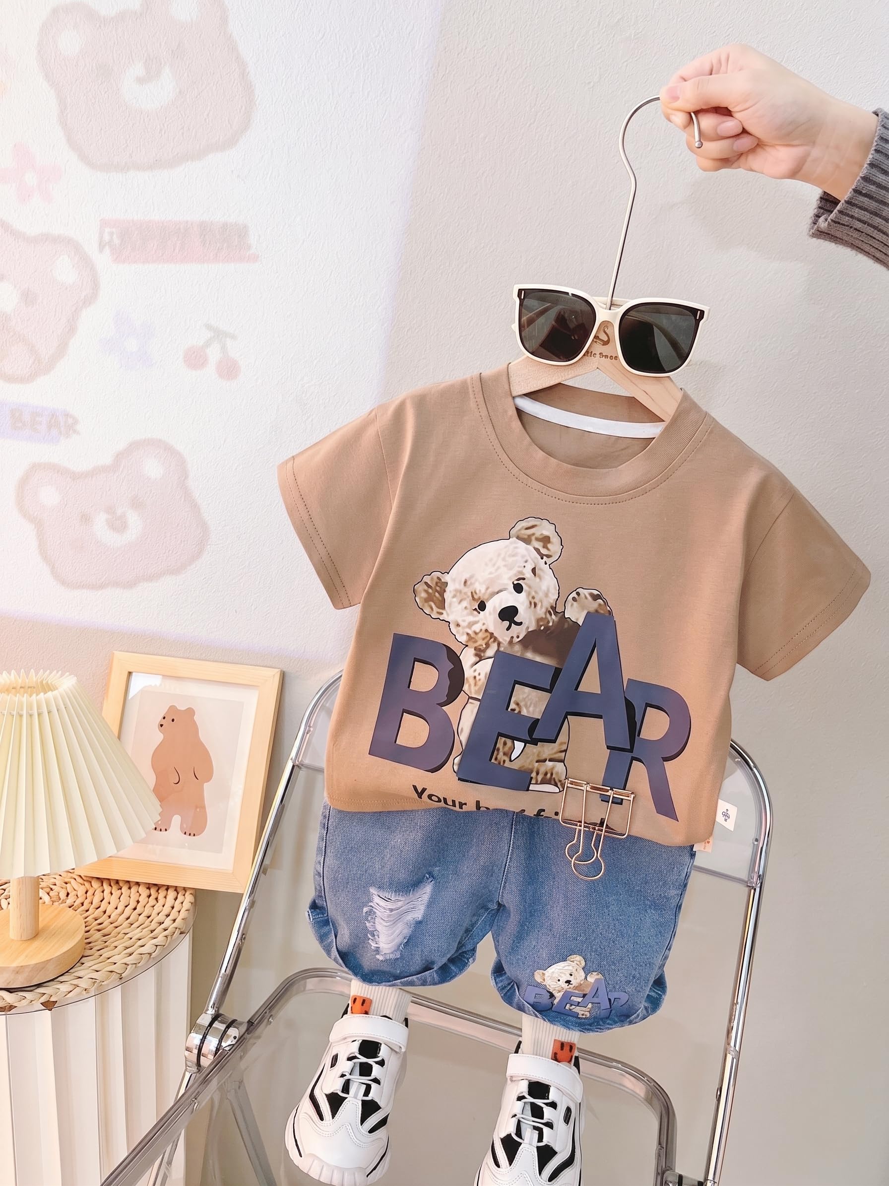 AMIONE Cotton Peeking Bear Design Short Sleeve Tshirt and Denim Shorts Clothing Coord Set for Baby Boys & Girls