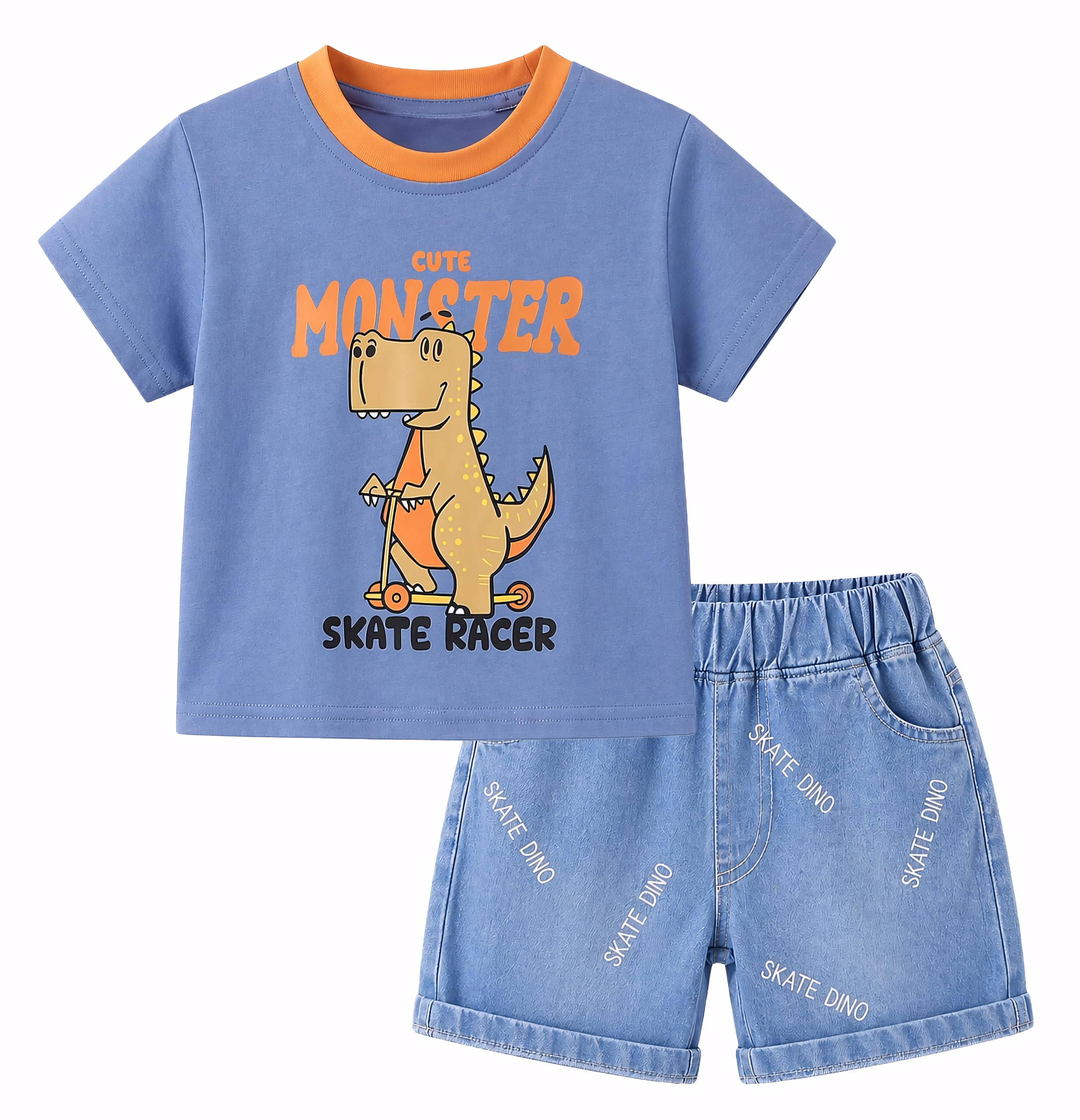 AMIONE Cotton Scooter Dinosaur Blue Monster Design Short Sleeve Tshirt and Shorts Clothing Coord Set for Baby Boys & Girls