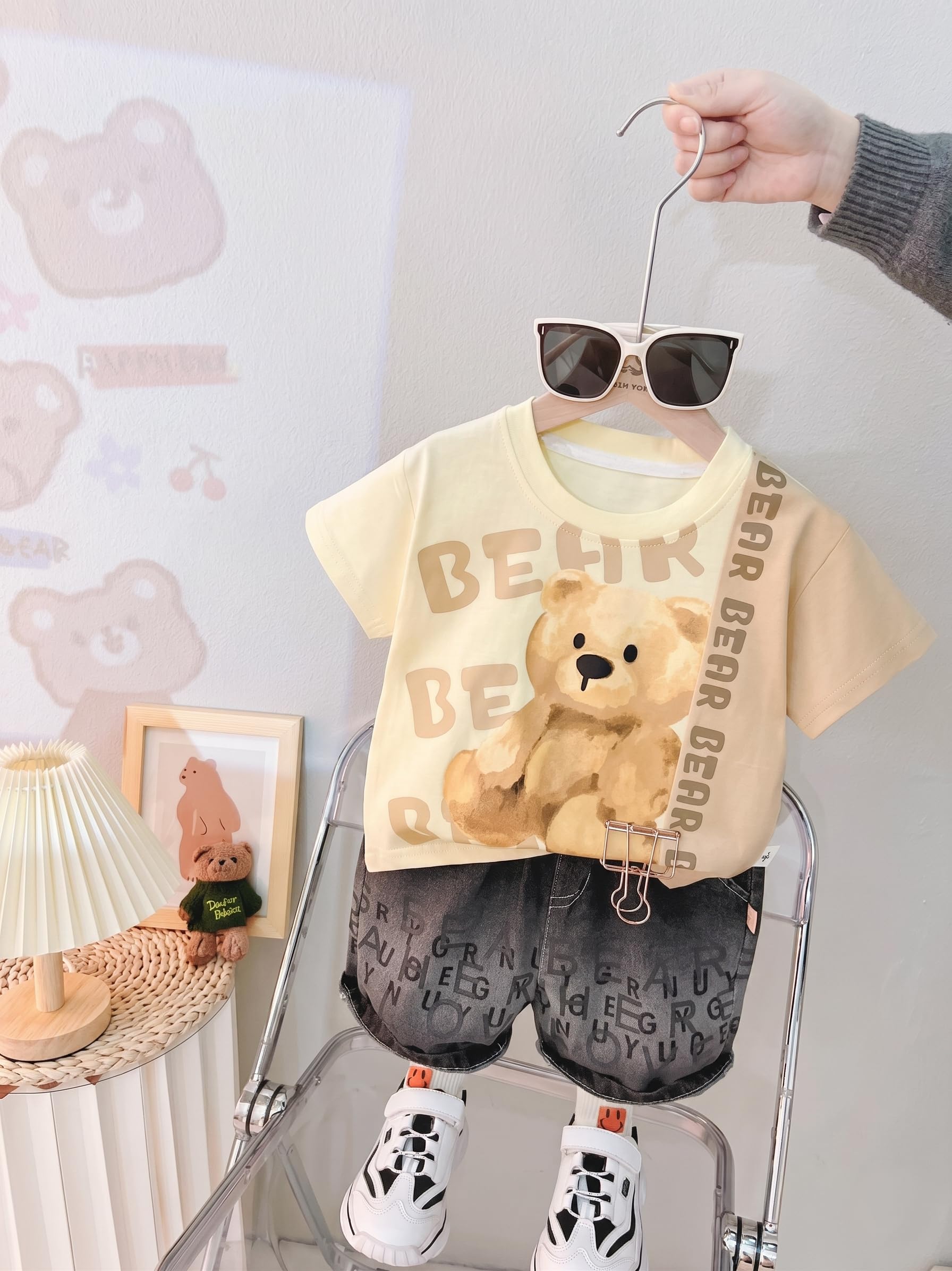 AMIONE Cotton Soft Toy Bear Design Short Sleeve Tshirt and Denim Shorts Clothing Coord Set for Baby Boys & Girls
