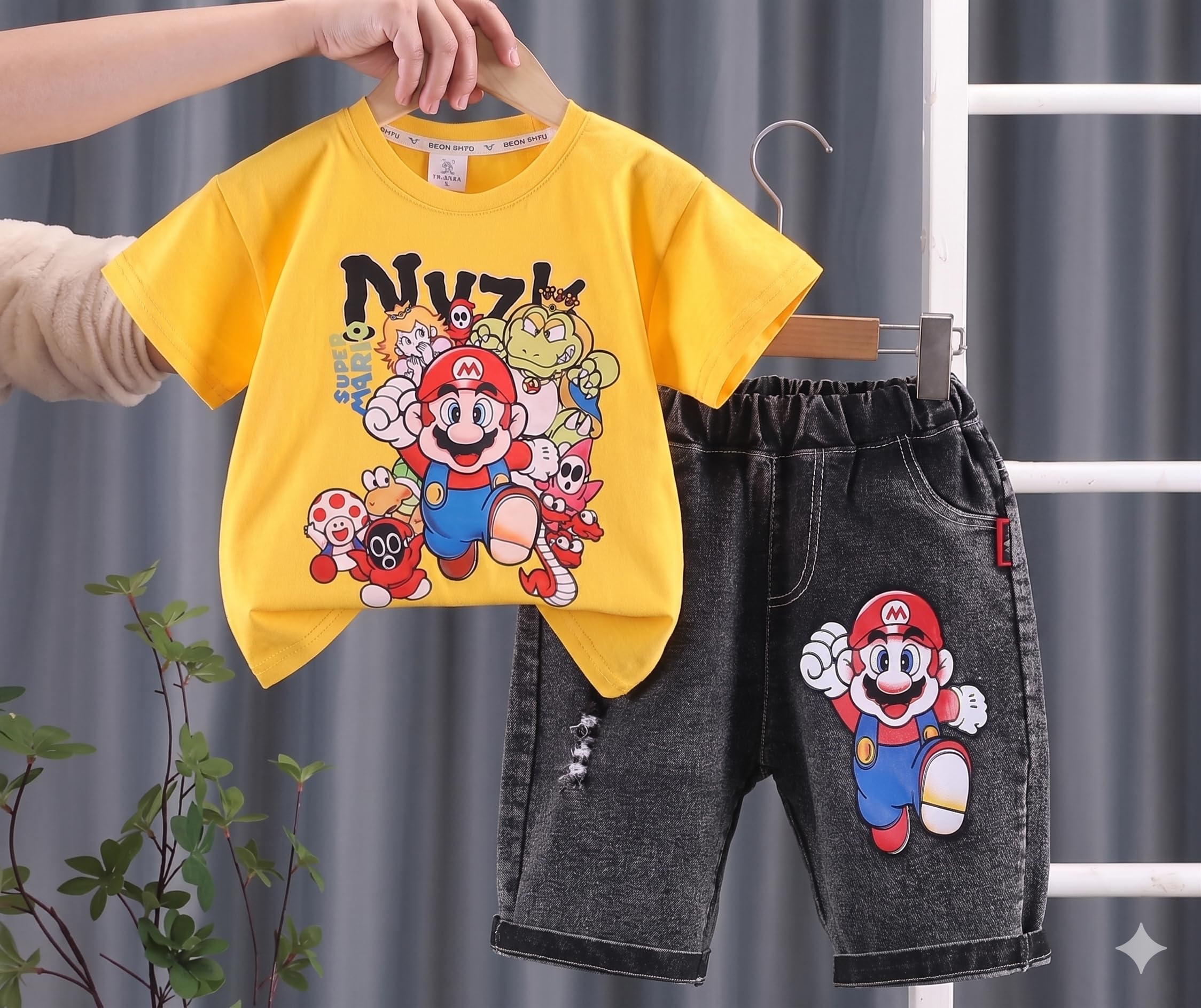 AMIONE Cotton Videogame Mario Cartoon Design Short Sleeve Tshirt and Cropped Denim Jeans Capri Style Clothing Coord Set for Baby Boys & Girls