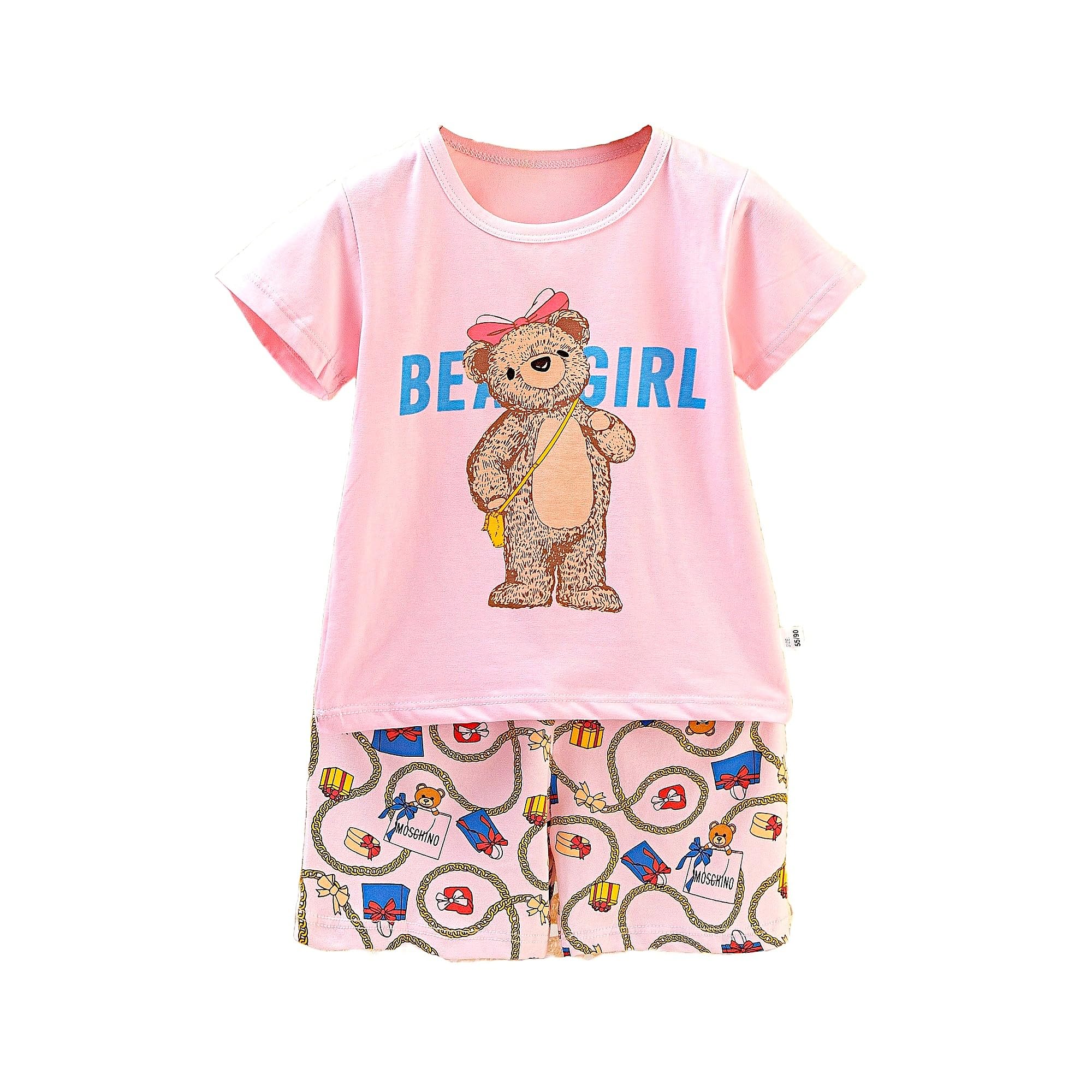 AMIONE Casual 100% Cotton Summer Regular Fit Begirl Bear tshirt Top and Shorts Kids Clothing Set Dress Nightsuit for Baby Girls