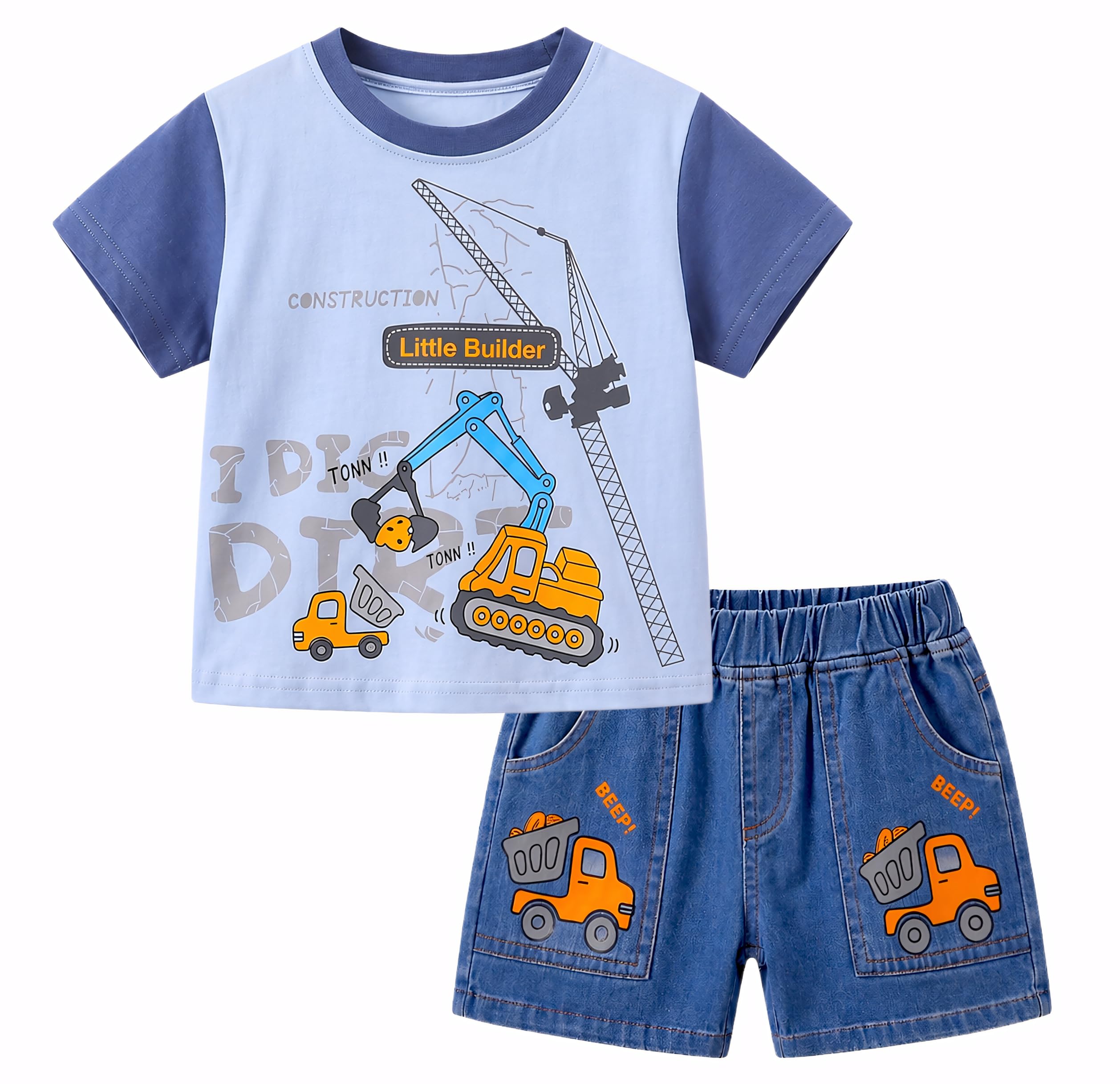 AMIONE Cotton Excavator Blue Little Builder Design Short Sleeve Tshirt and Shorts Clothing Coord Set for Baby Boys & Girls