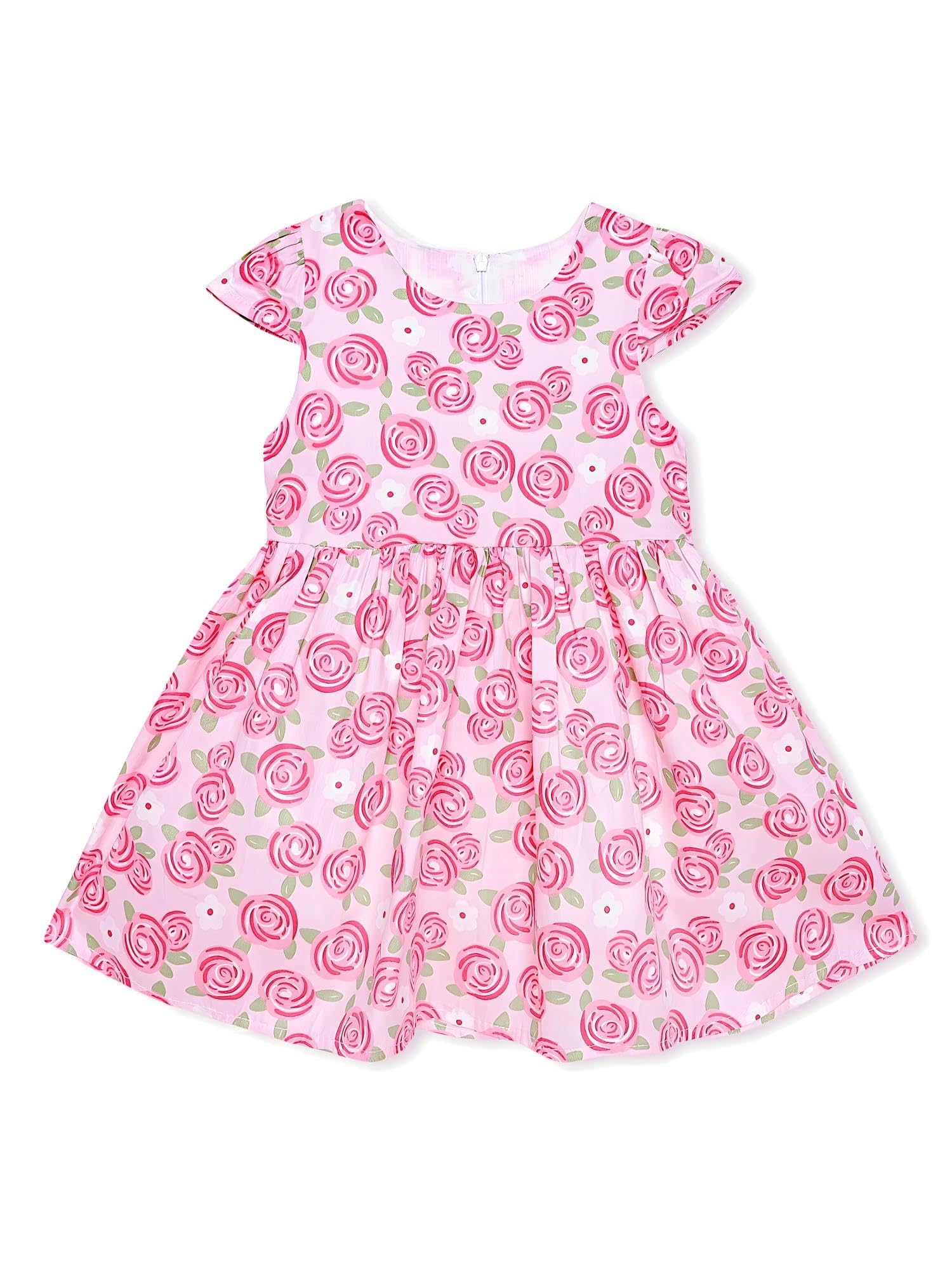 AMIONE Cotton Elegant Fancy Red Rose Printed Design Summer Party Dress Frock for Baby Girls