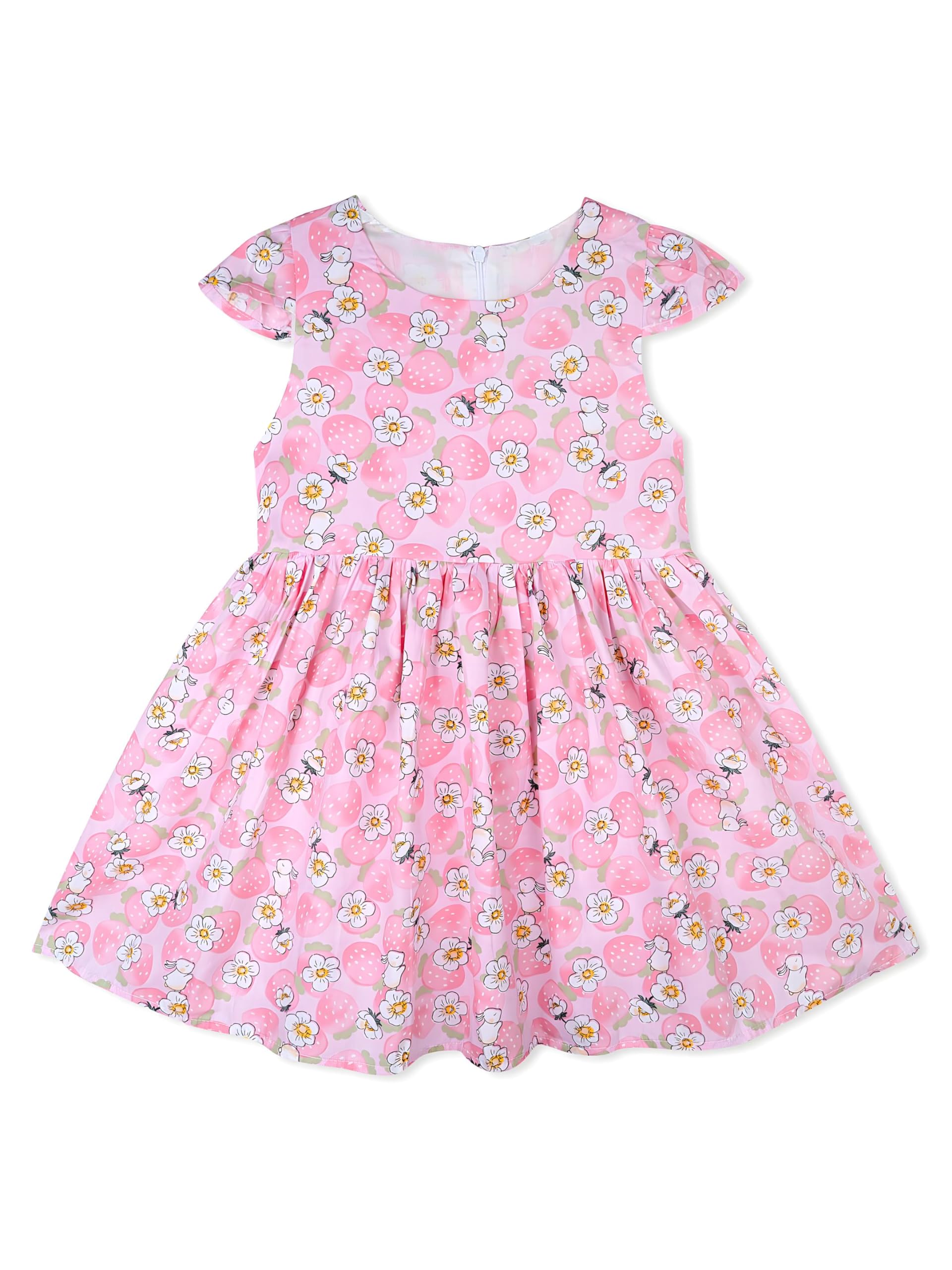 AMIONE Cotton Elegant Fancy Small Flowers Bunny Printed Design Summer Party Dress Frock for Baby Girls