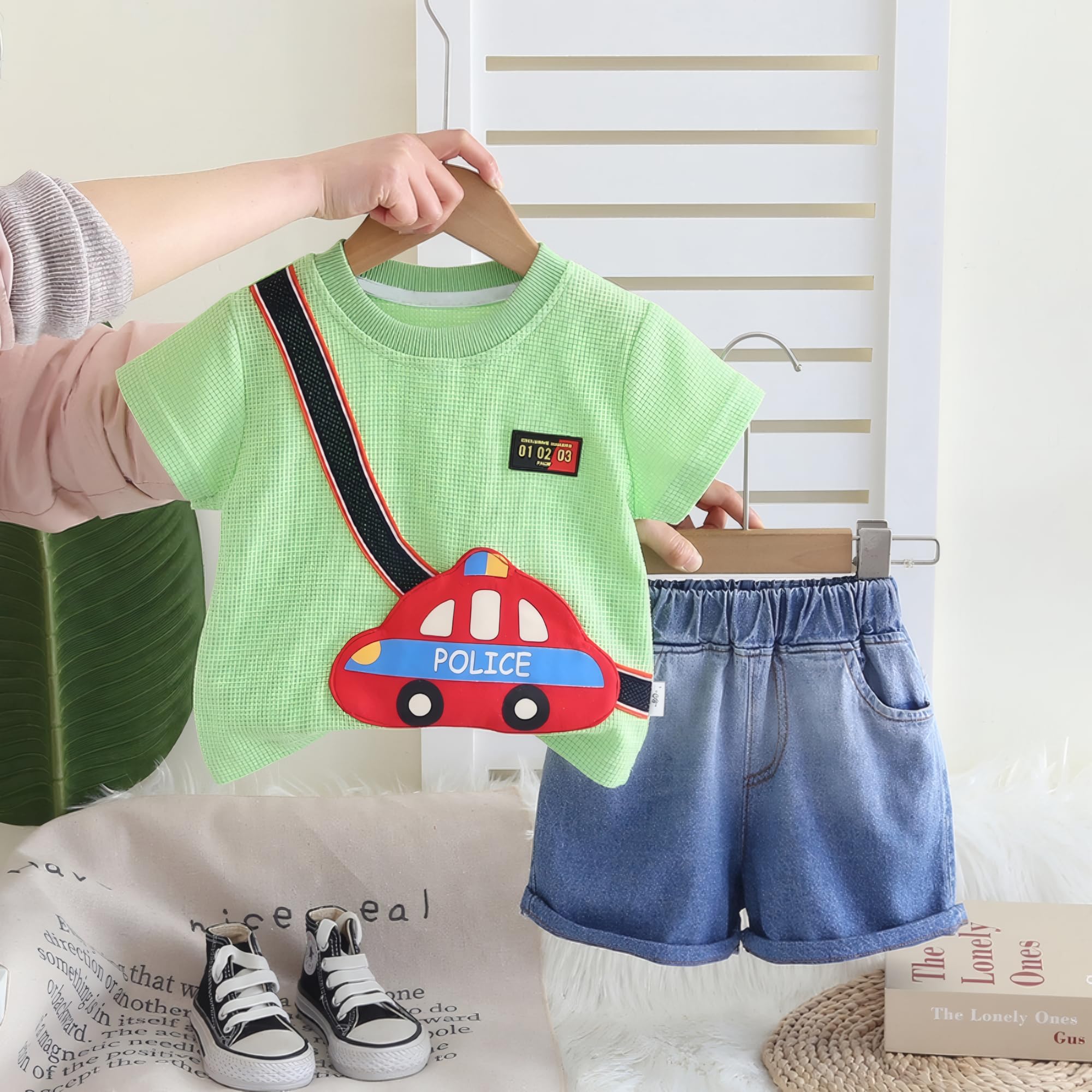 AMIONE Cotton Blend Pocket Police Car Design Short Sleeve Tshirt and Shorts Clothing Coord Set for Baby Boys & Girls