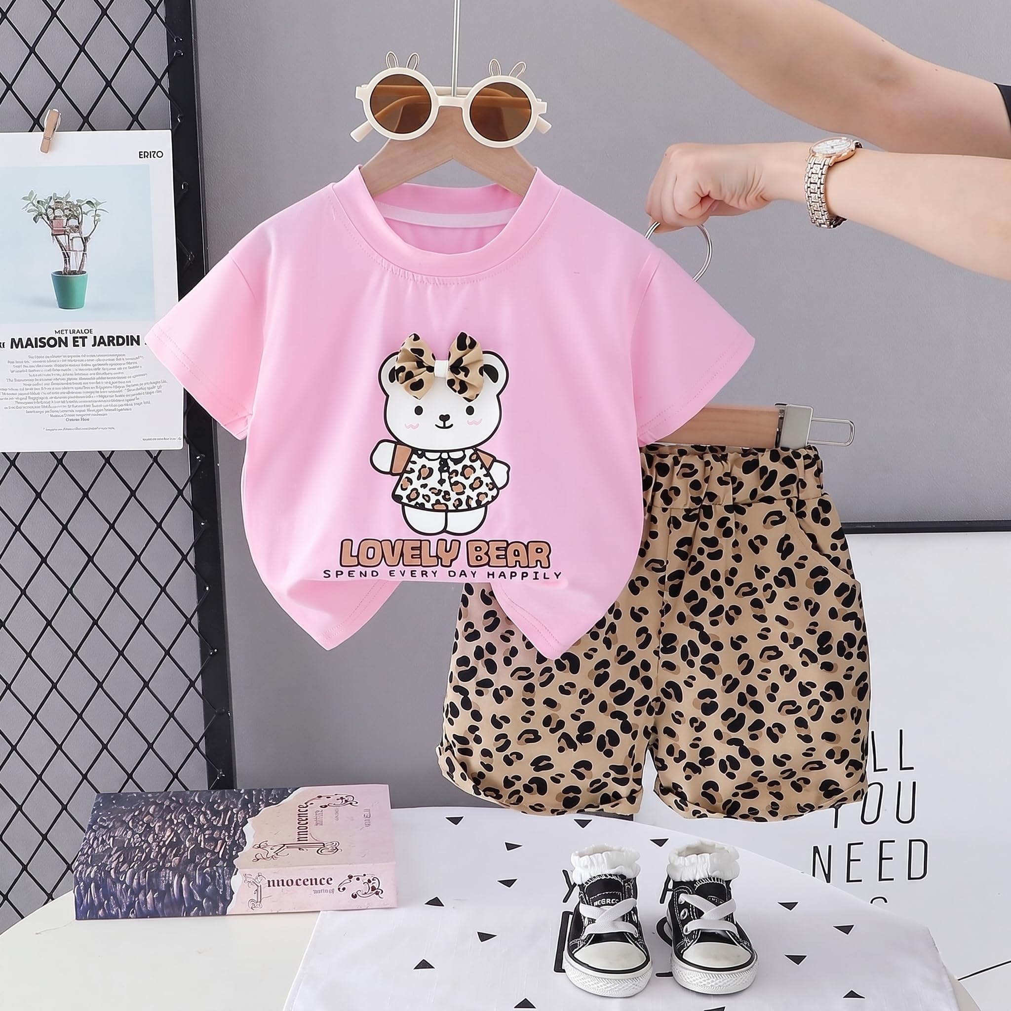 AMIONE Cotton Lovely Bear Design Pink Color Short Sleeve Tshirt and Shorts Clothing Coord Set for Baby Girls