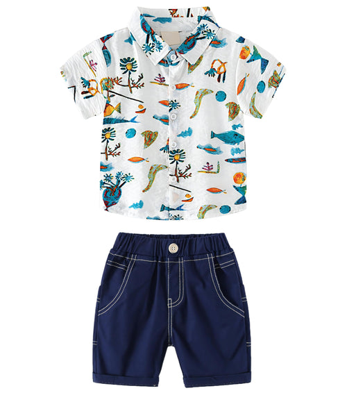 AMIONE 100% Cotton Stylish Hawaiian Beach Sea World Design Shirt & Shorts for Baby Boys