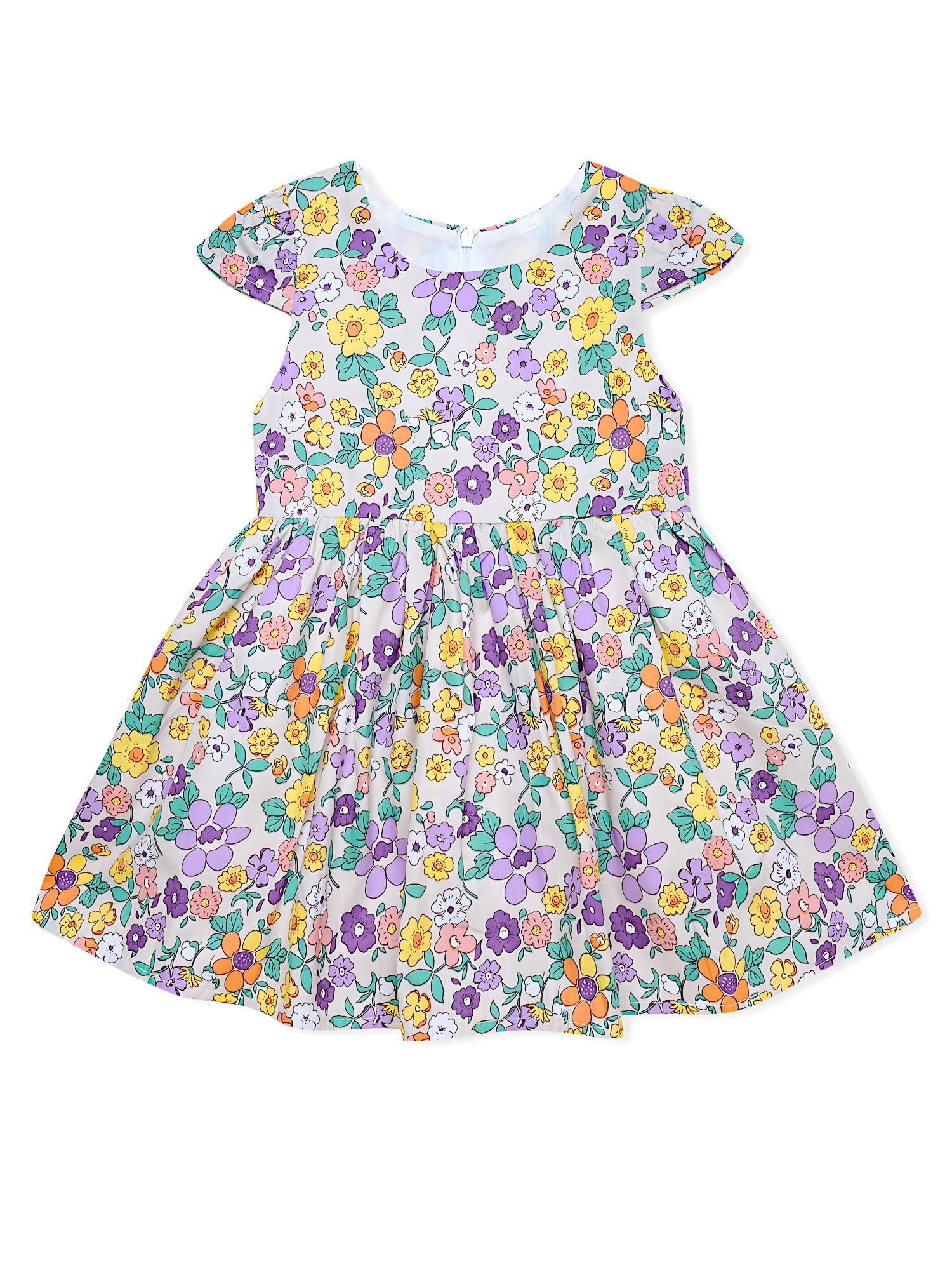 AMIONE Cotton Elegant Fancy Purple Yellow Flowers Printed Design Summer Party Dress Frock for Baby Girls