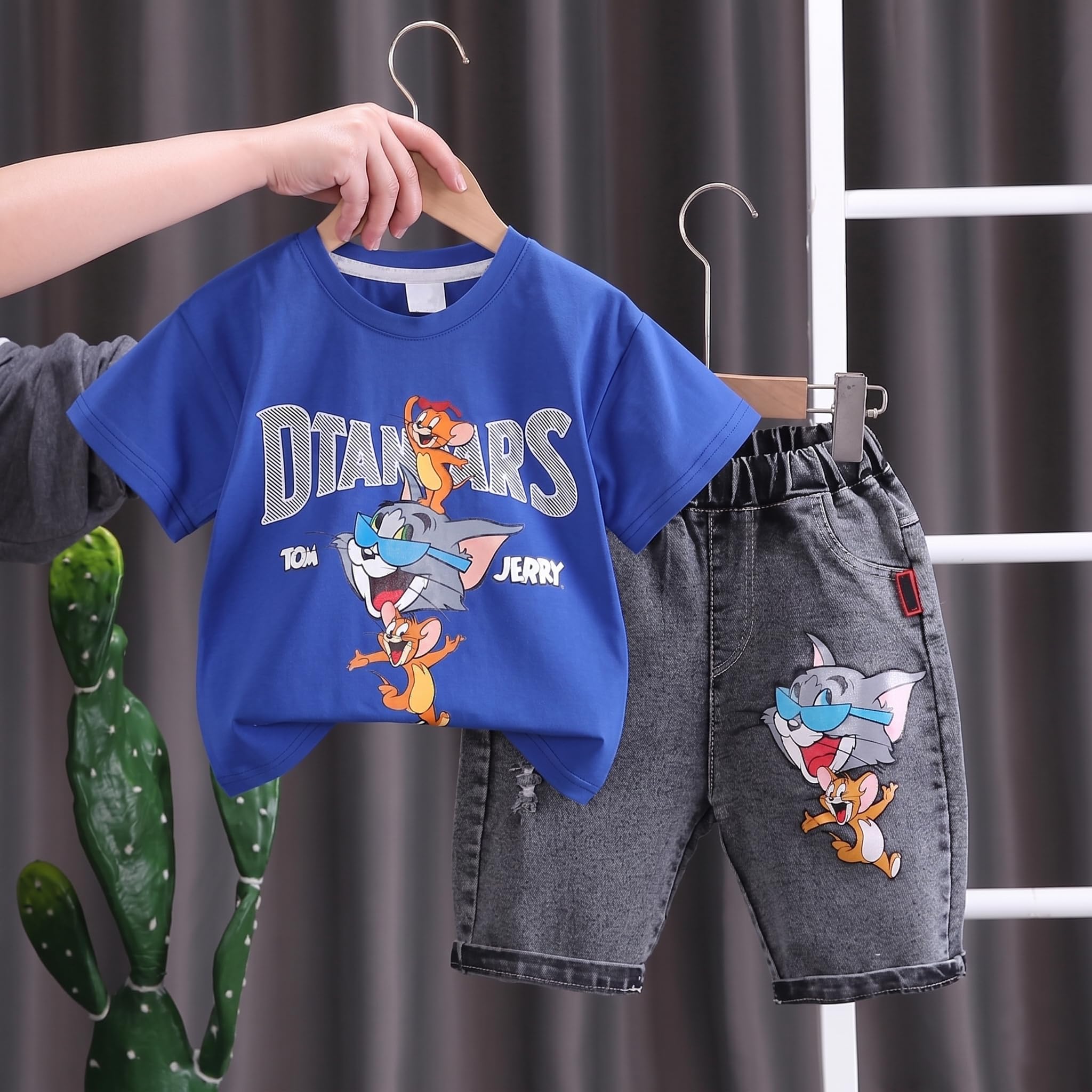 AMIONE Cotton Tom Cartoon Jerry Design Short Sleeve Tshirt and Cropped Denim Jeans Capri Style Clothing Coord Set for Baby Boys & Girls