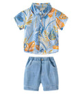 AMIONE 100% Cotton Stylish Hawaiian Beach Blue Orange Leaf Design Shirt & Denim Shorts for Baby Boys