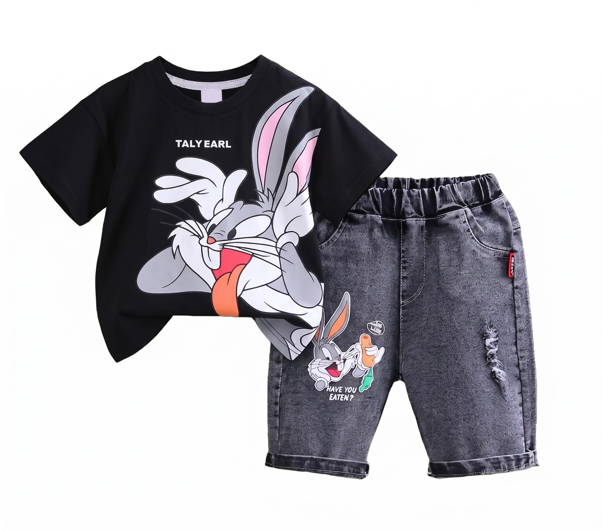 AMIONE Cotton Bugs Cartoon Bunny Design Short Sleeve Tshirt and Cropped Denim Jeans Capri Style Clothing Coord Set for Baby Boys & Girls