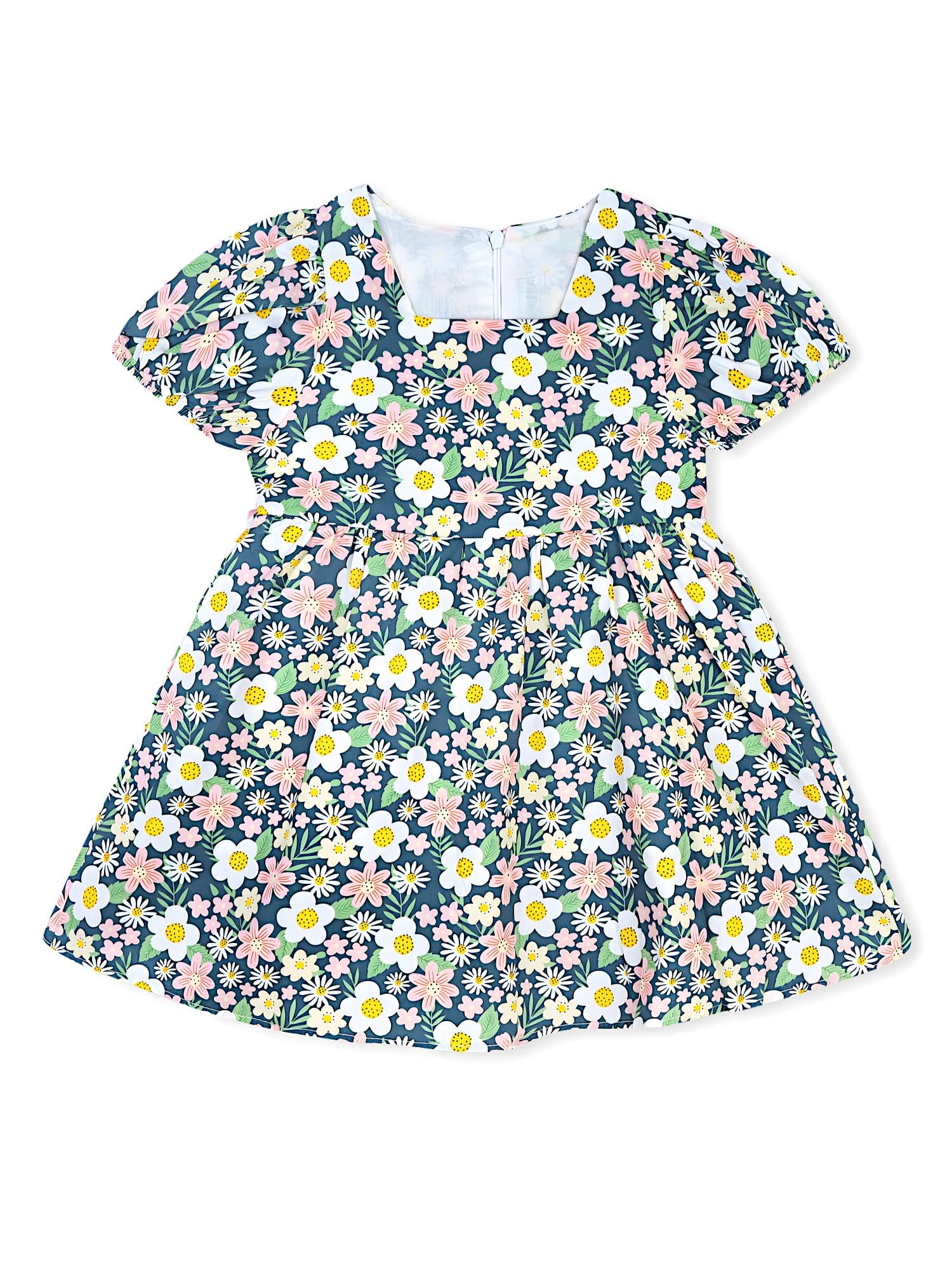 AMIONE Cotton Elegant Fancy Multi Flowers on Blue Printed Design Summer Party Dress Frock for Baby Girls