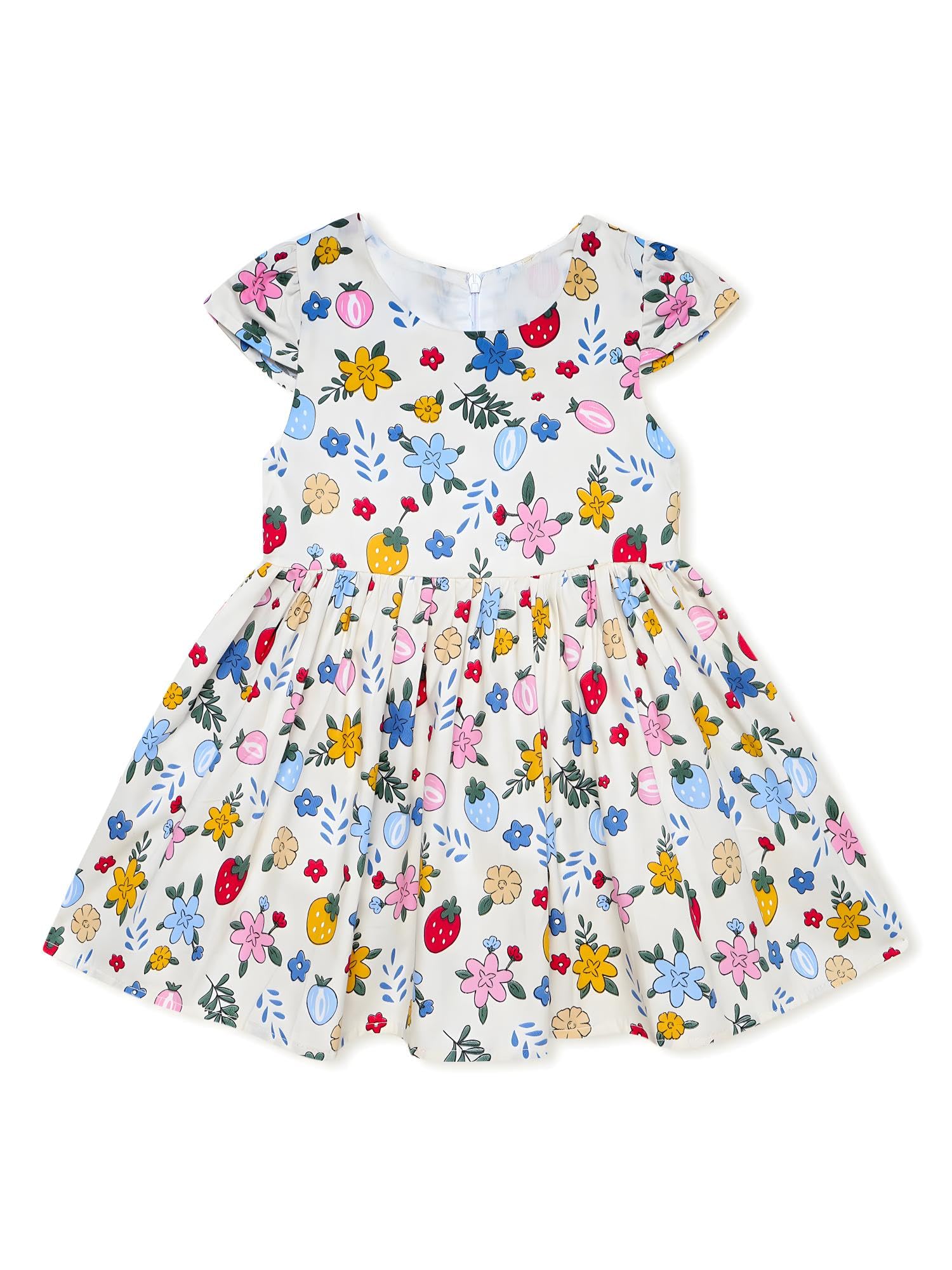 AMIONE Cotton Elegant Fancy Fruits & Flowers Printed Design Summer Party Dress Frock for Baby Girls