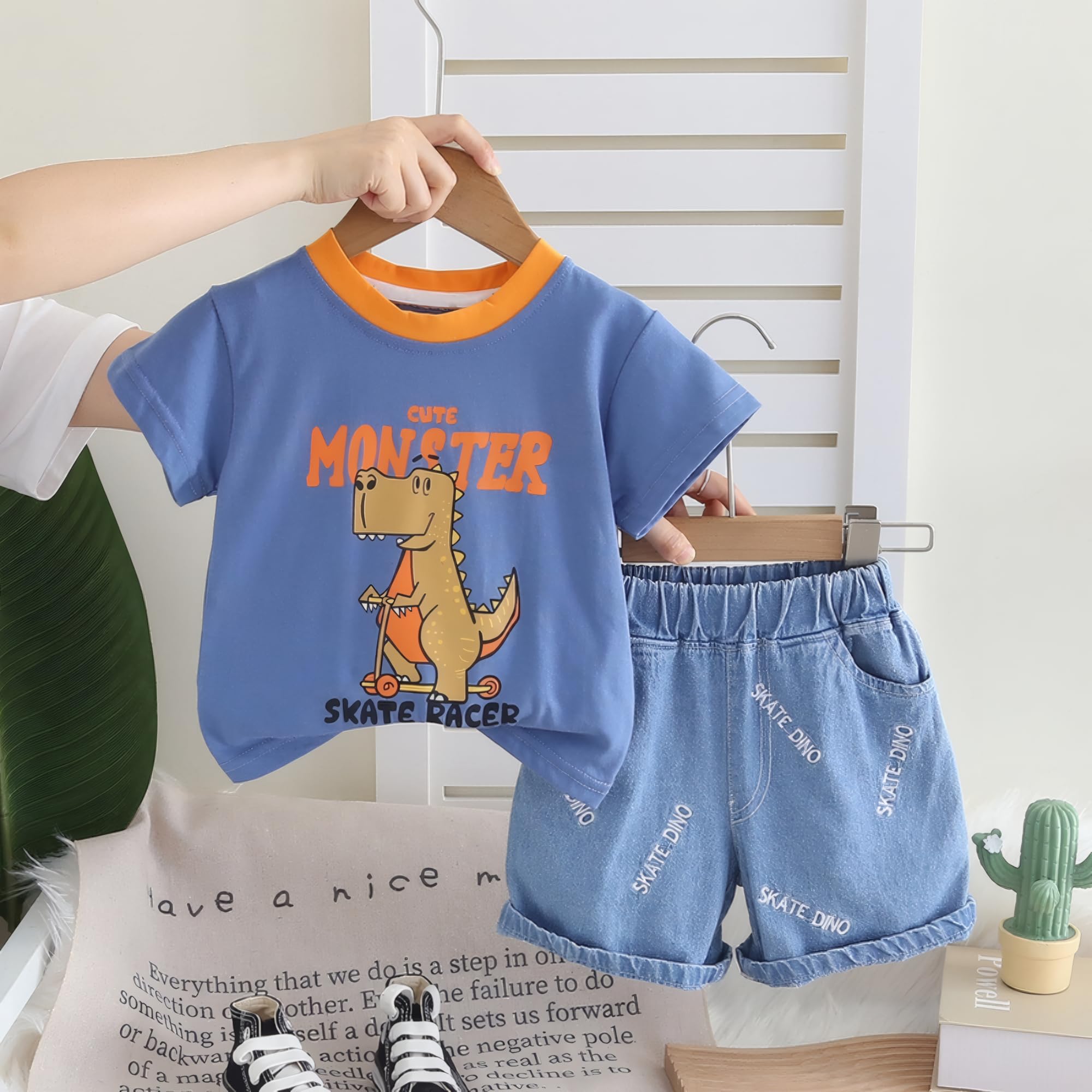 AMIONE Cotton Scooter Dinosaur Blue Monster Design Short Sleeve Tshirt and Shorts Clothing Coord Set for Baby Boys & Girls