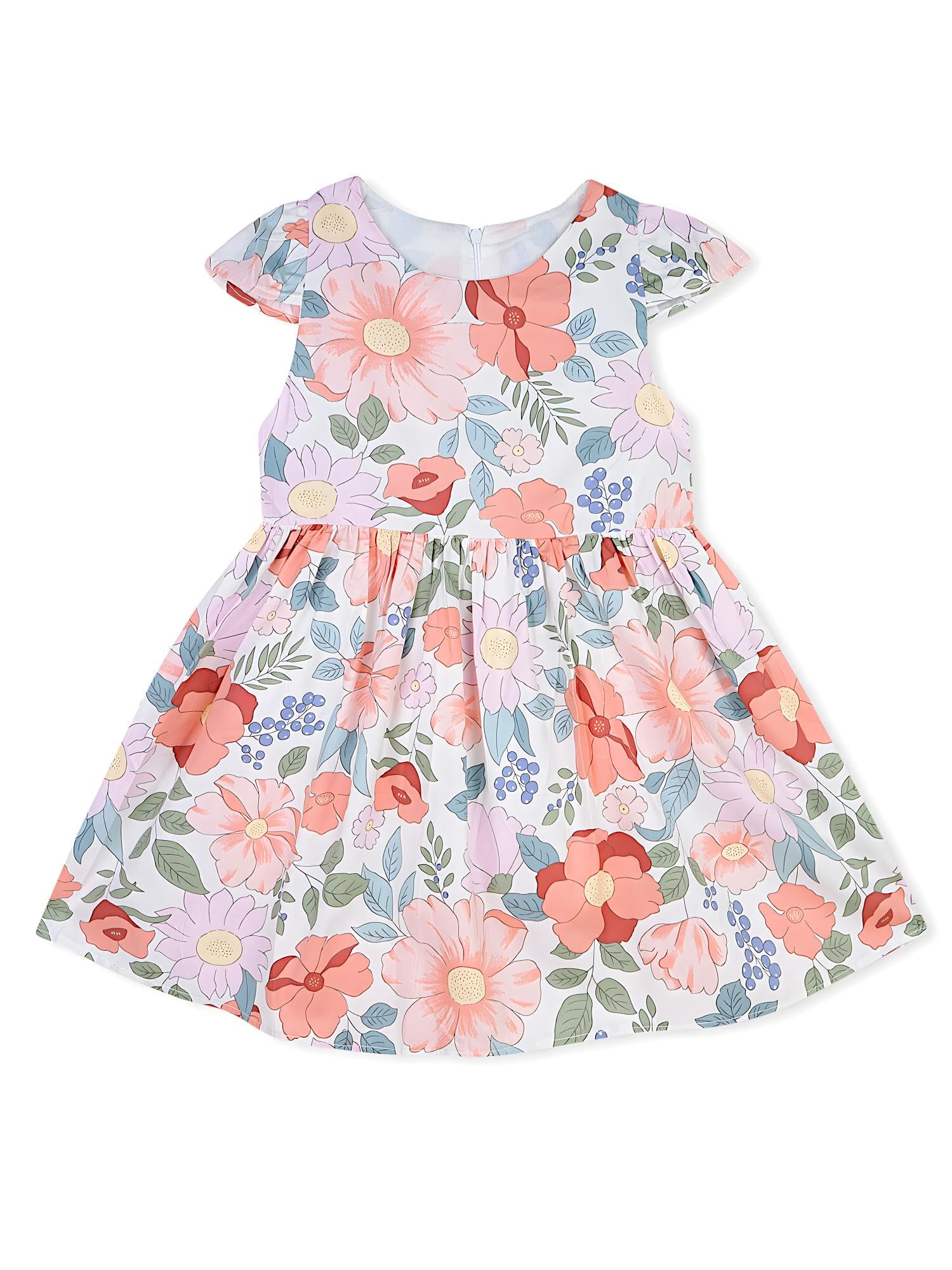 AMIONE Cotton Elegant Fancy Large Flowers on White Printed Design Summer Party Dress Frock for Baby Girls