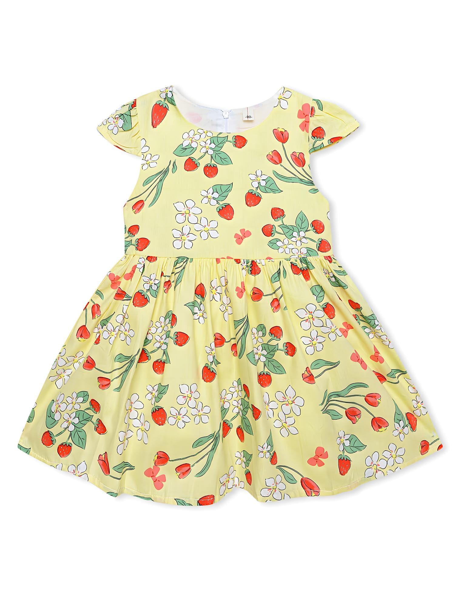 AMIONE Cotton Elegant Fancy Strawberry Flowers Yellow Printed Design Summer Party Dress Frock for Baby Girls
