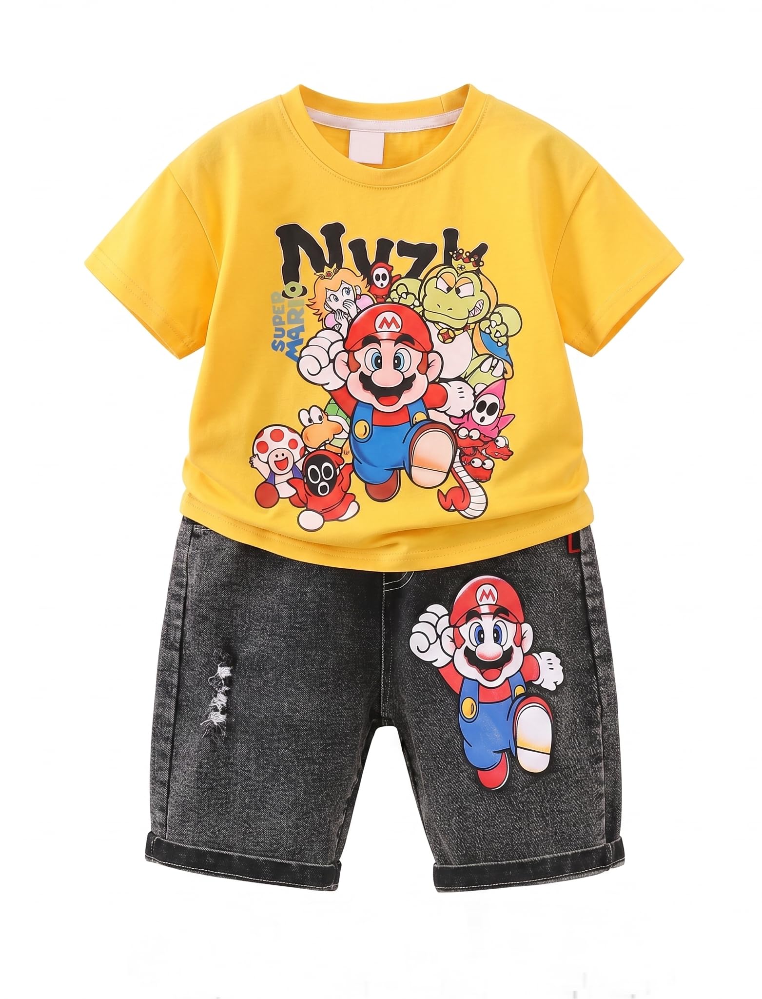 AMIONE Cotton Videogame Mario Cartoon Design Short Sleeve Tshirt and Cropped Denim Jeans Capri Style Clothing Coord Set for Baby Boys & Girls