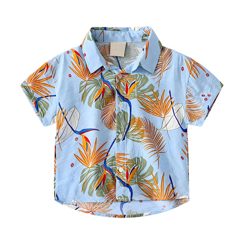 AMIONE 100% Cotton Stylish Hawaiian Beach Blue Palm Leaf Design Shirt for Baby Boys