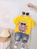 AMIONE Cotton Stylish Bear Design Short Sleeve Tshirt and Denim Shorts Clothing Coord Set for Baby Boys & Girls