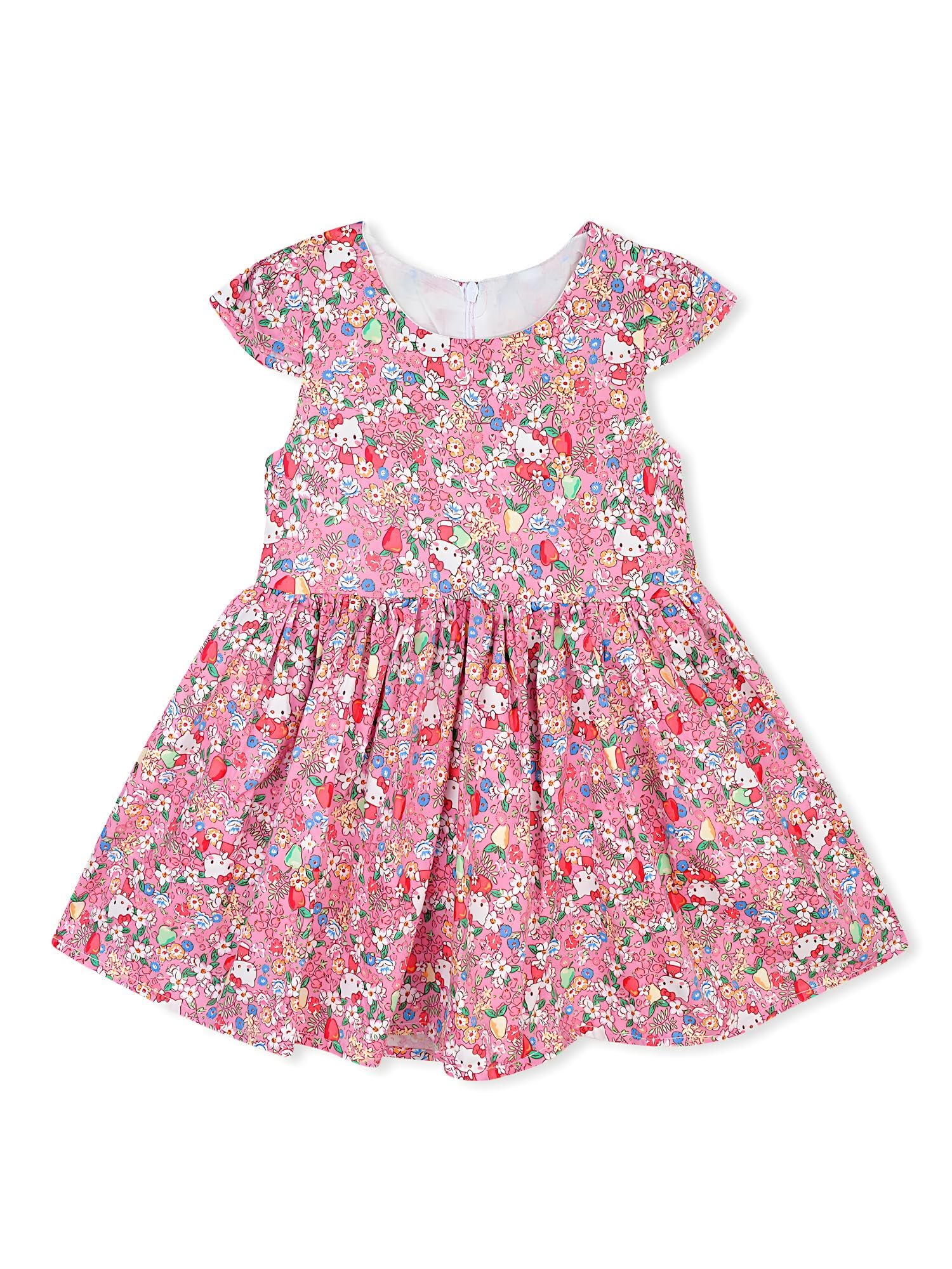 AMIONE Cotton Elegant Fancy Hello Kitty Flowers Printed Design Summer Party Dress Frock for Baby Girls