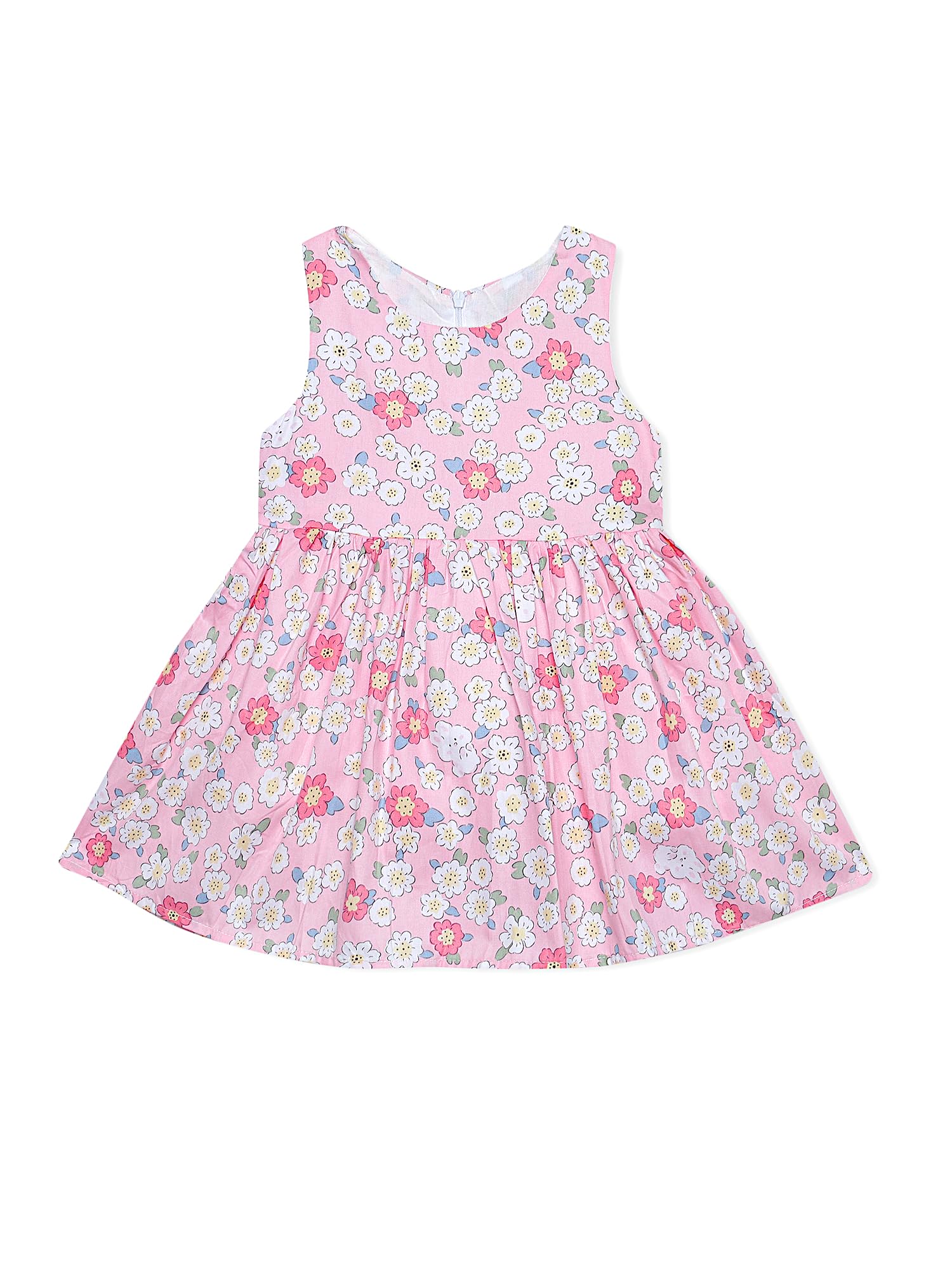 AMIONE Cotton Elegant Fancy Round Flowers on Pink Printed Design Summer Party Dress Frock for Baby Girls