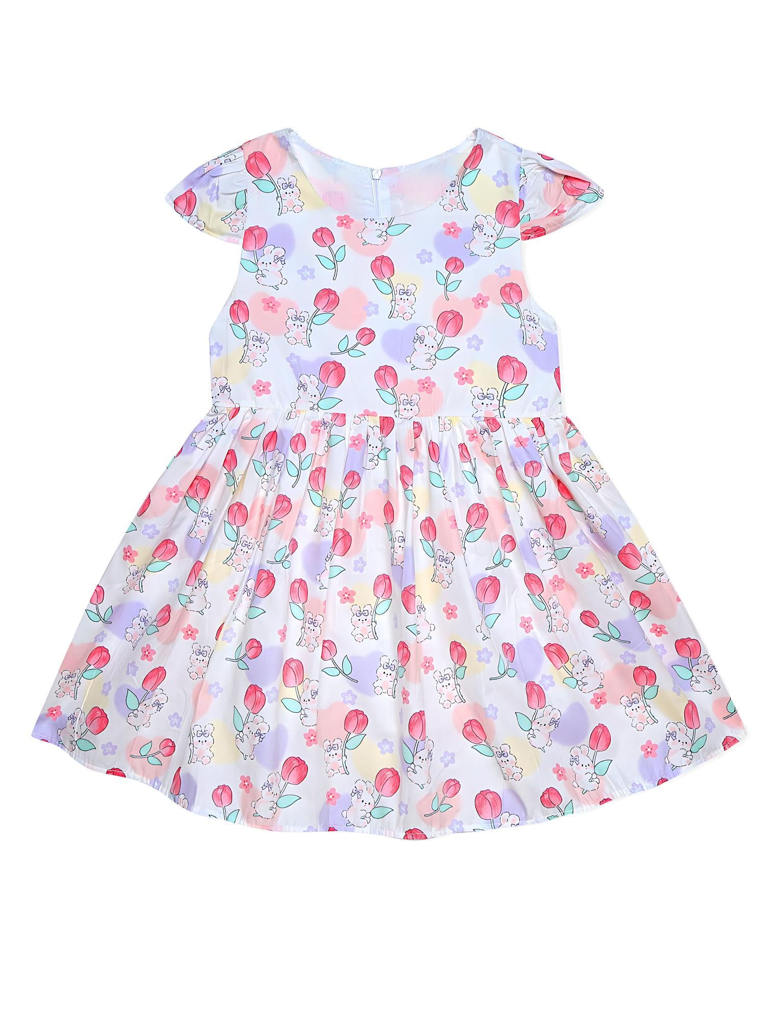 AMIONE Cotton Elegant Fancy Tulip Flowers Bunny Printed Design Summer Party Dress Frock for Baby Girls