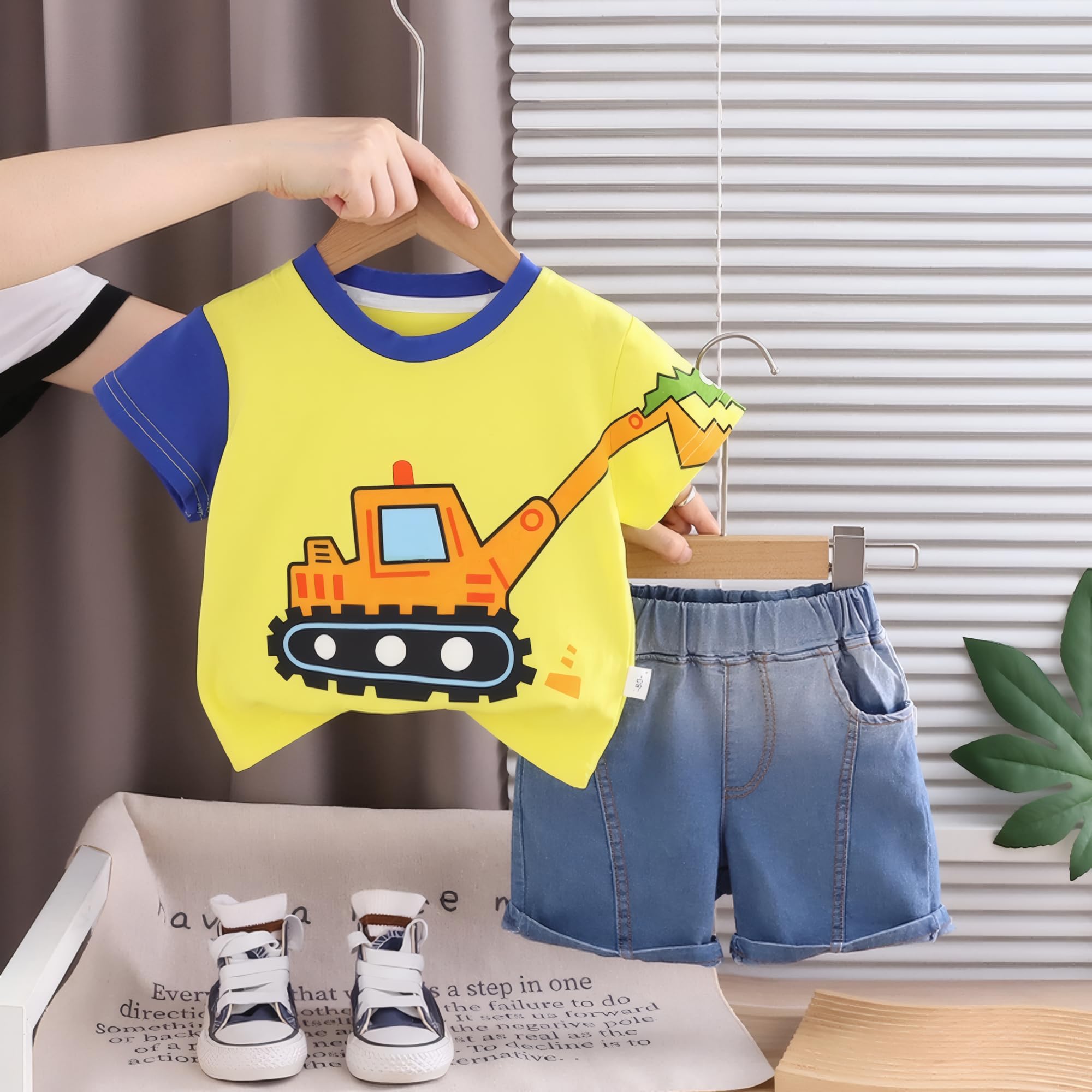 AMIONE Cotton Excavator Design Short Sleeve Tshirt and Shorts Clothing Coord Set for Baby Boys & Girls